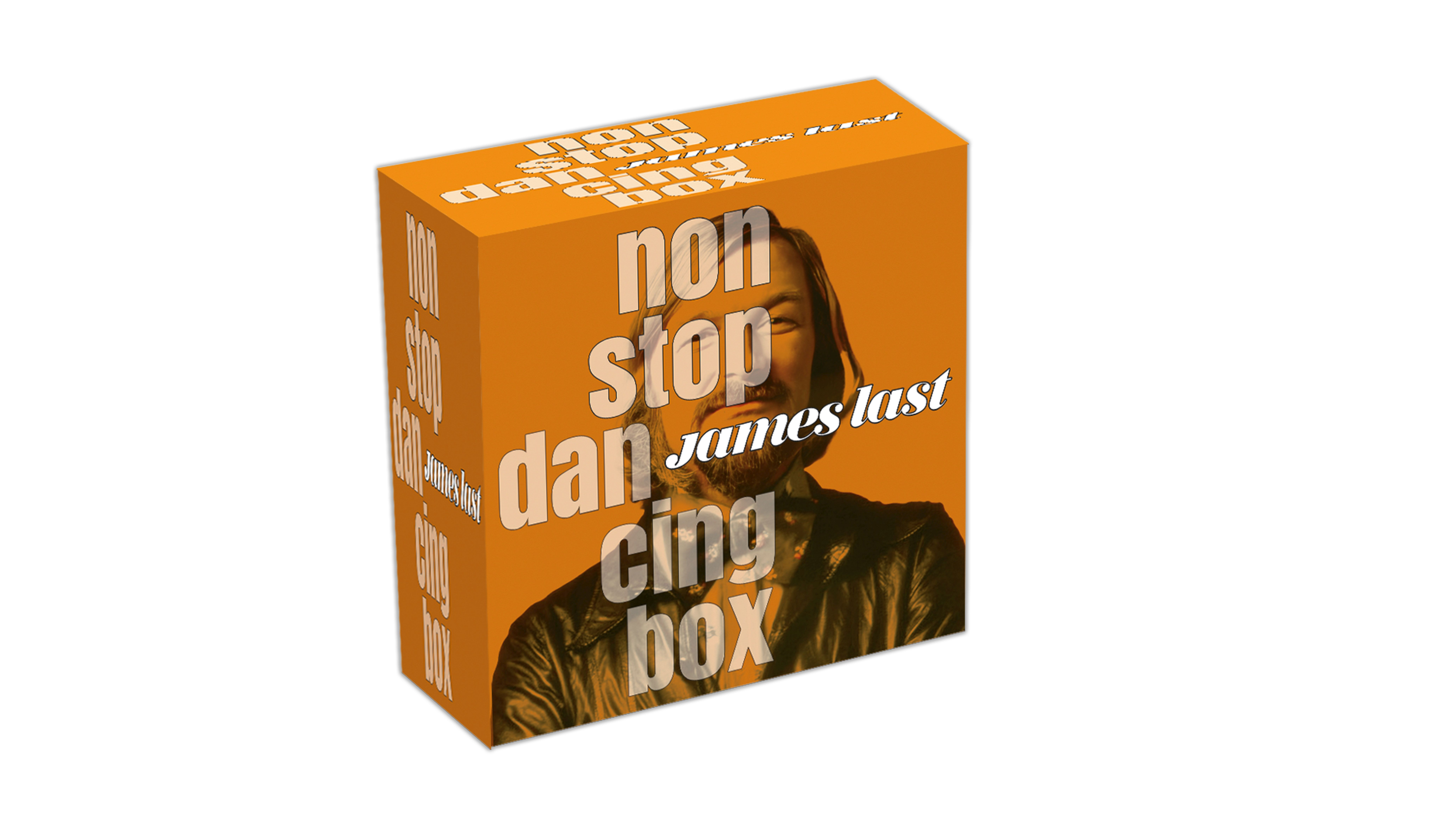 Eine Box mit dem Text 'non stop dancing box' und dem Gesicht eines Mannes. Orange Farbe.