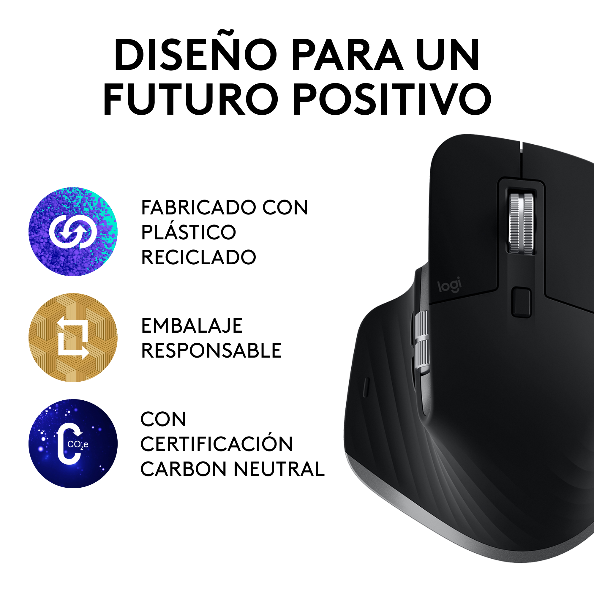 Ratón de ordenador negro con texto sobre plástico reciclado, embalaje responsable y carbono neutral.