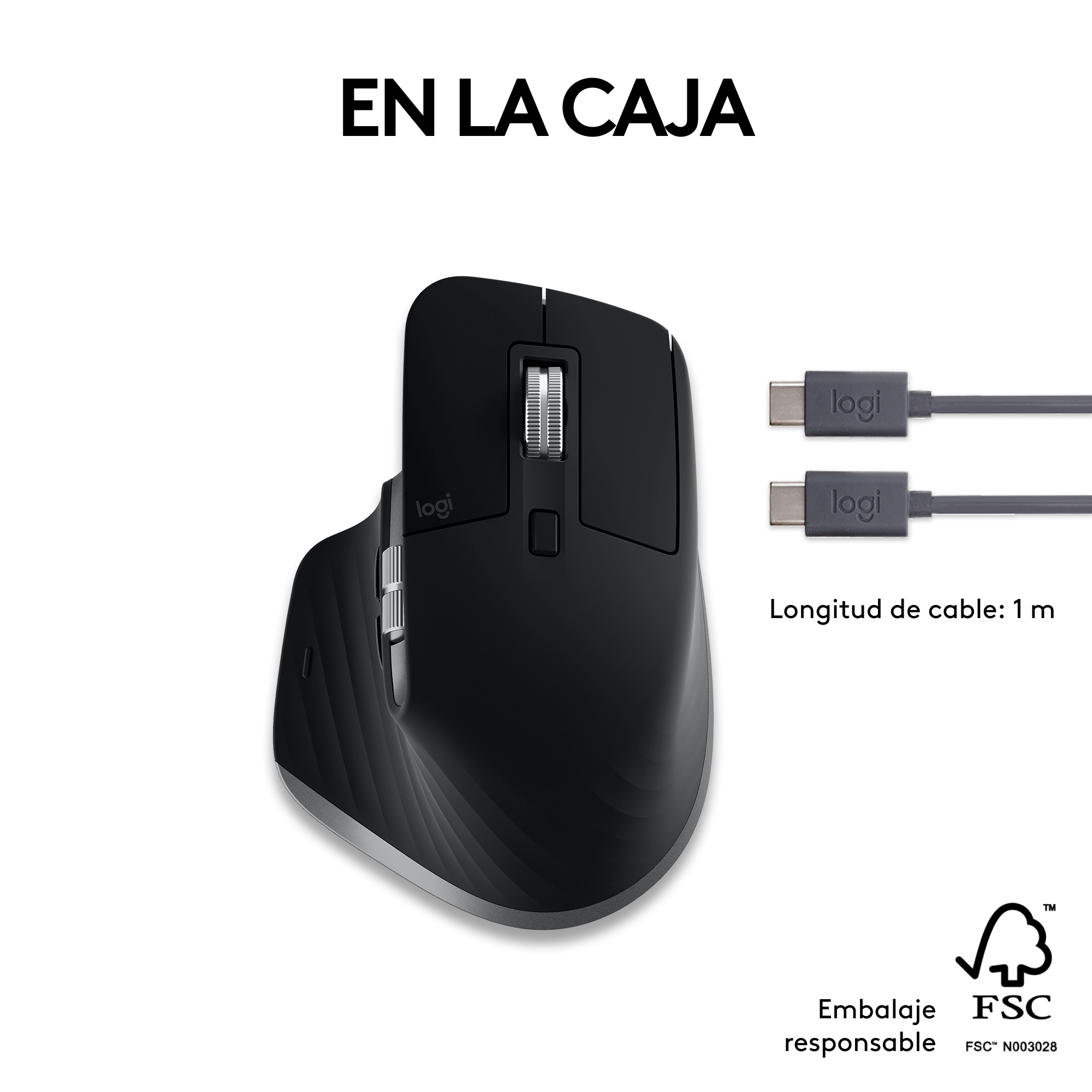 Ratón inalámbrico negro con dos cables USB-C. El ratón está al frente, los cables detrás. El texto dice 'En la caja'.