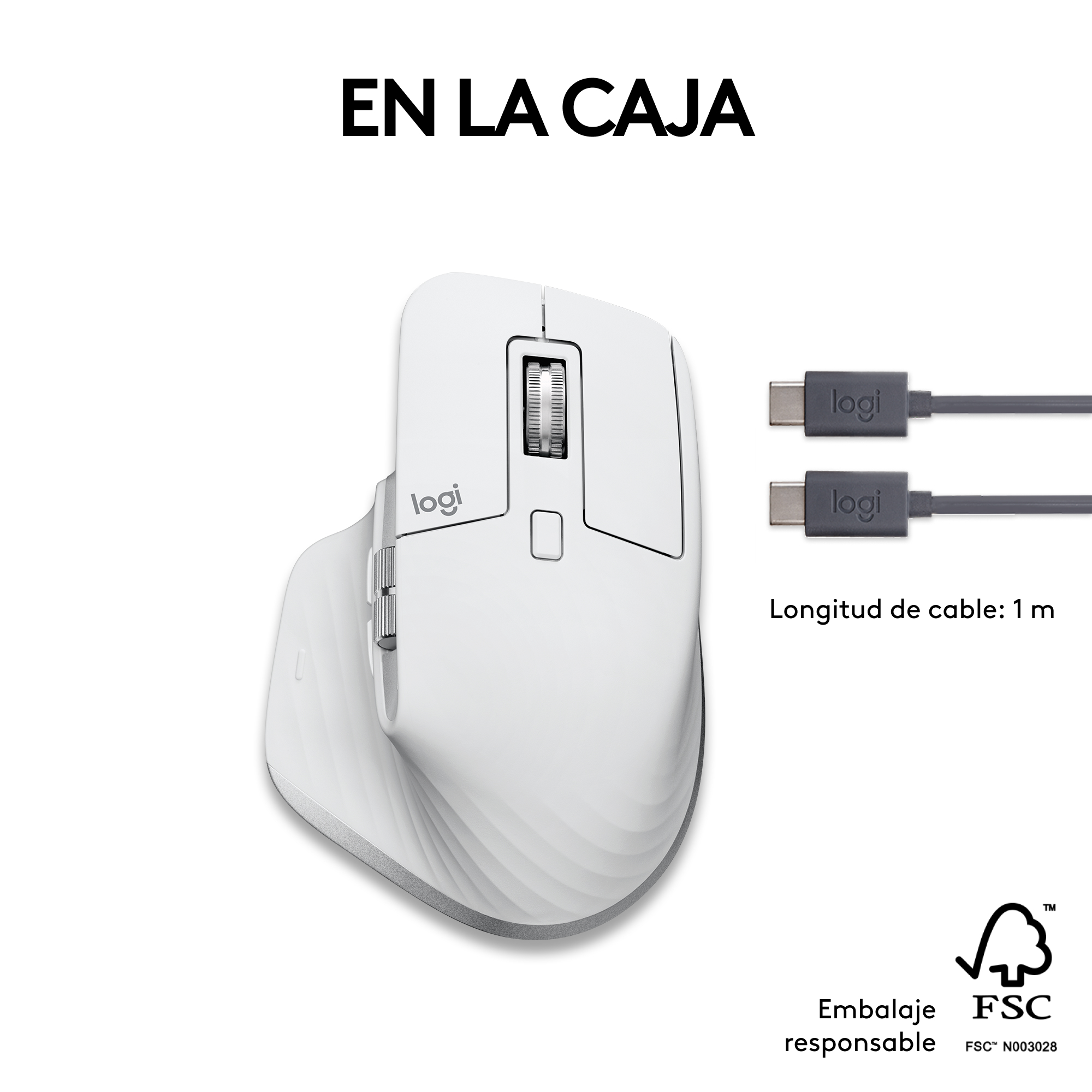 Un ratón blanco con dos cables USB-C junto a él.
