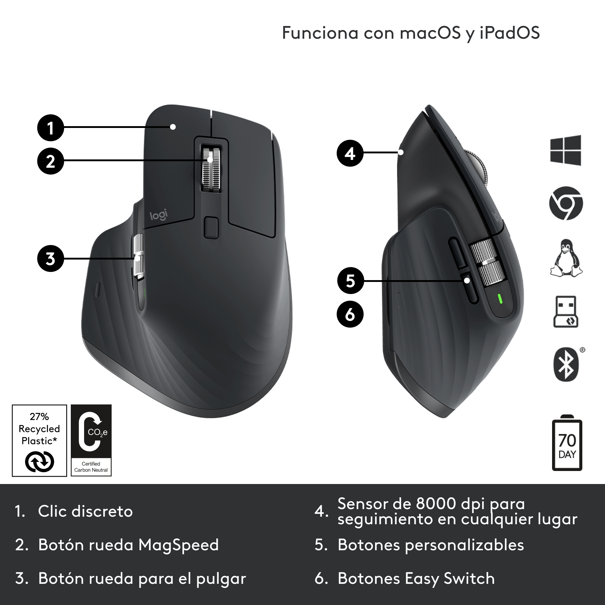 Un ratón de ordenador negro con botones, una rueda de desplazamiento y una base de carga.