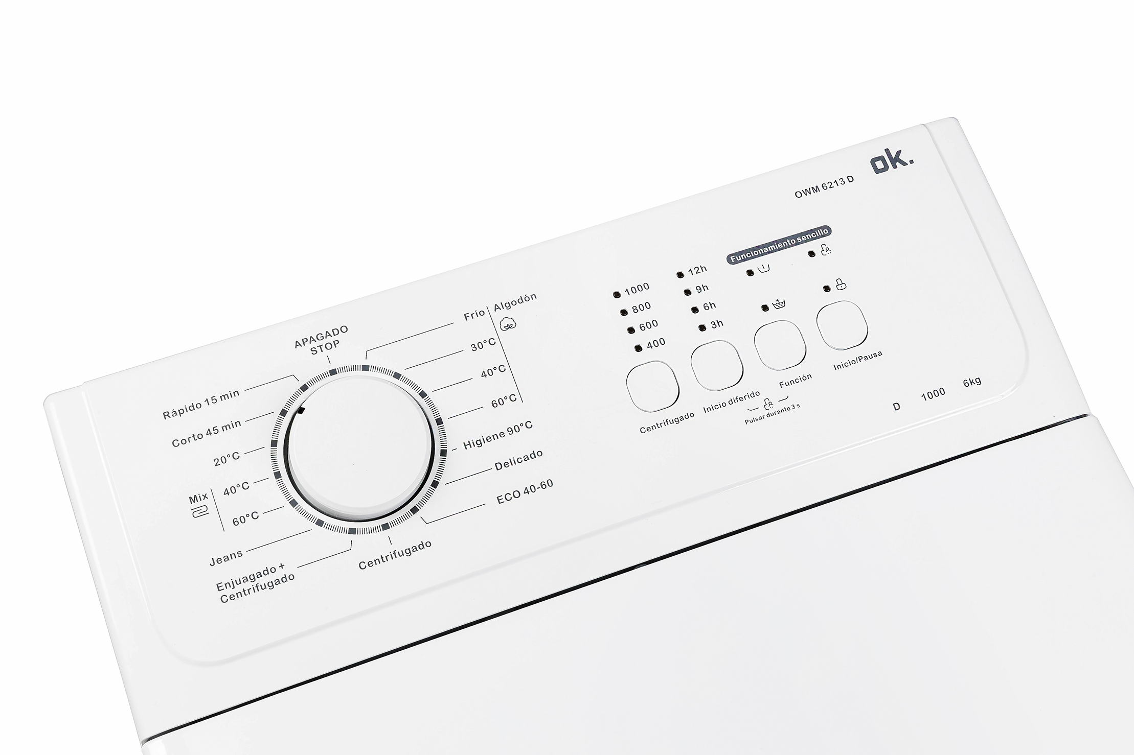 Un panel de control de lavadora blanco con un dial y botones.