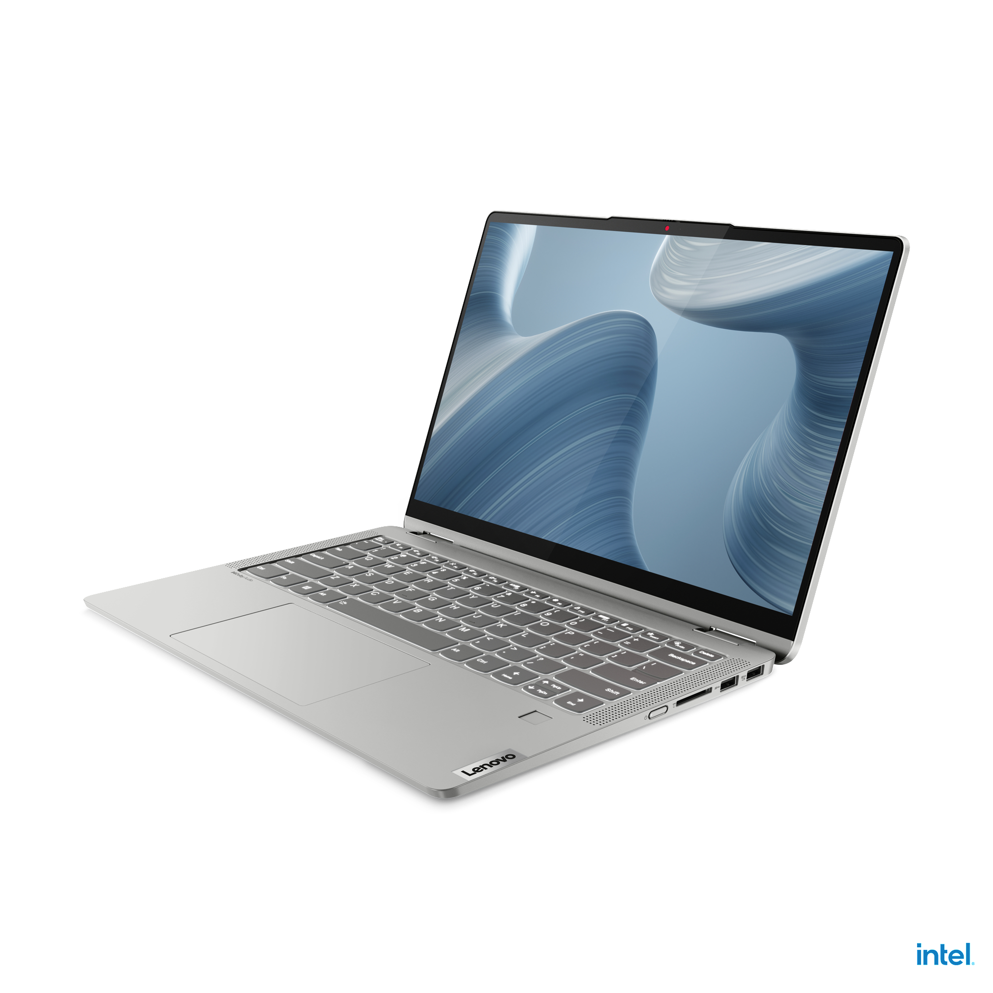 Silberner Laptop, geöffnet. Bildschirm zeigt blau-weißes abstraktes Muster. Lenovo-Logo sichtbar.