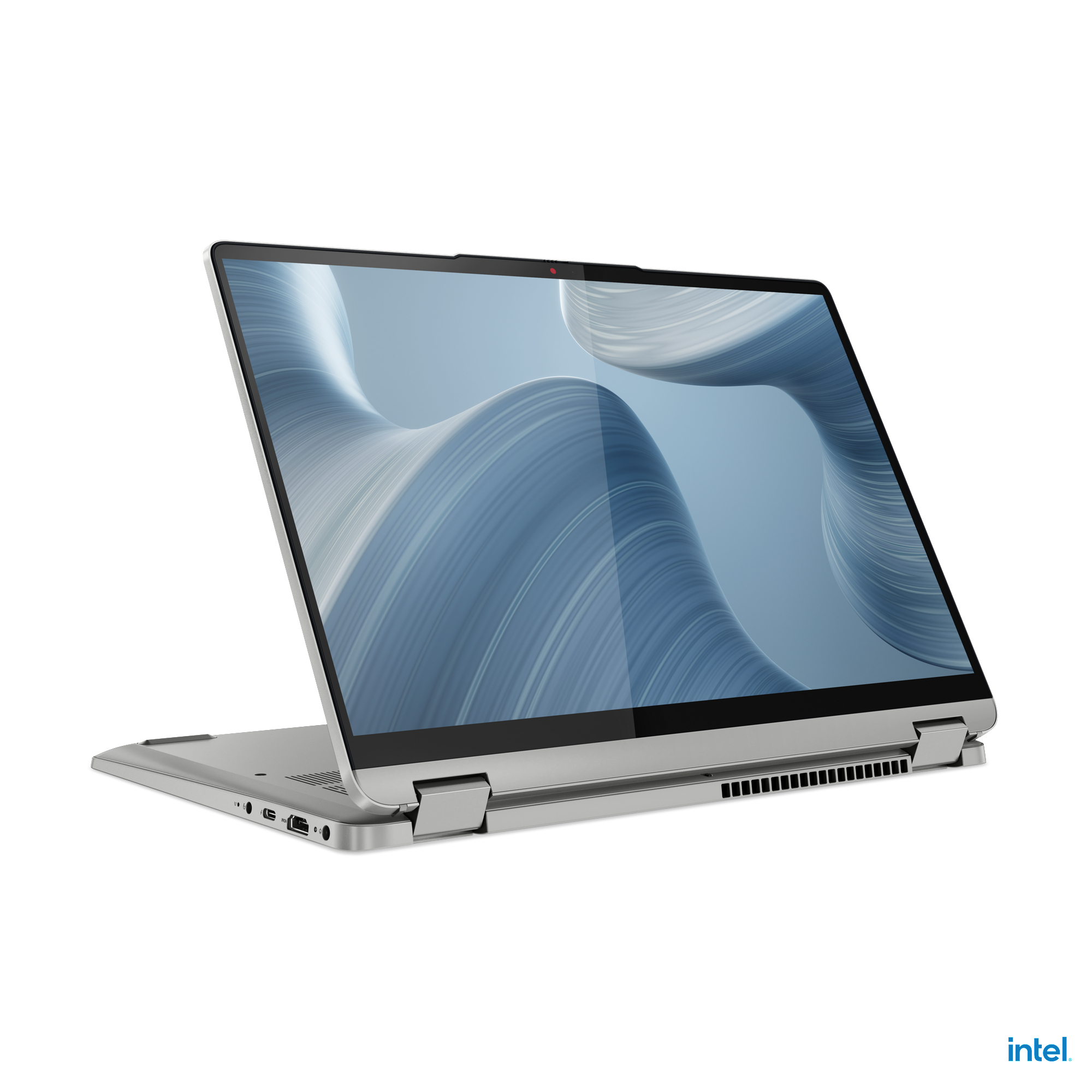 Ein silberner Laptop, geöffnet, mit einem Bildschirm, der ein blaues und graues abstraktes Design zeigt.