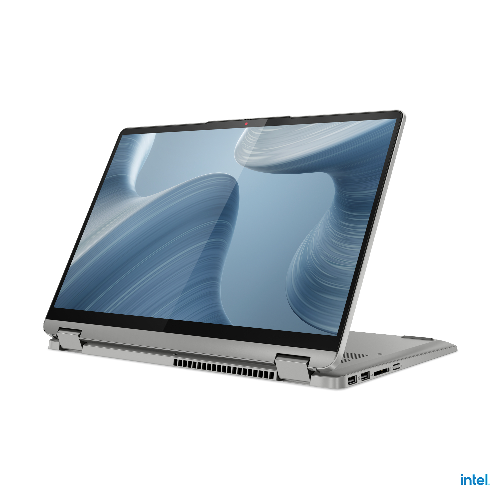 Silberner Laptop mit Bildschirm, der ein blau-weißes Wellendesign zeigt, offen auf weißem Hintergrund.