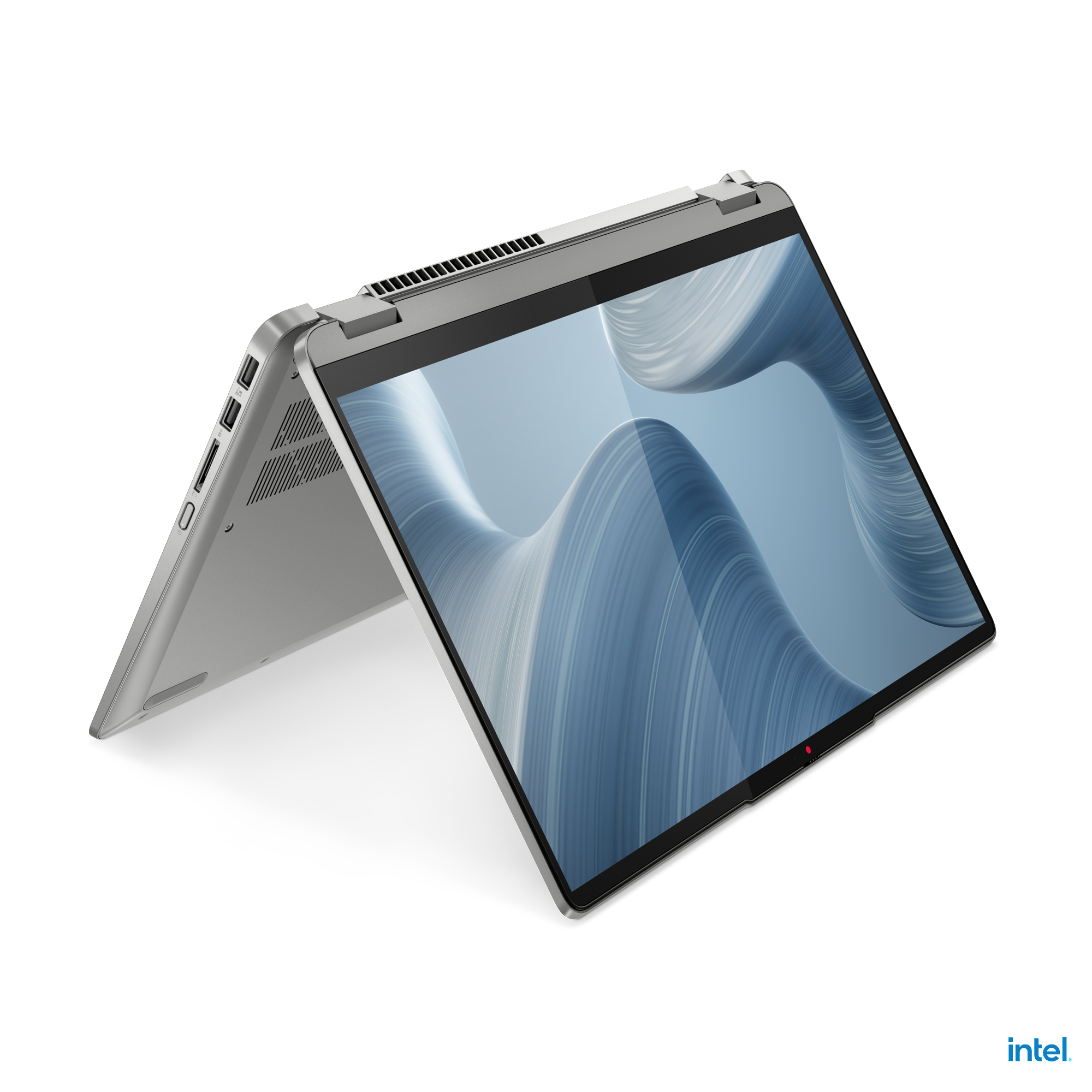 Ein silberner Laptop, teilweise geöffnet, zeigt ein blaues abstraktes Design auf dem Bildschirm, mit Intel-Logo.