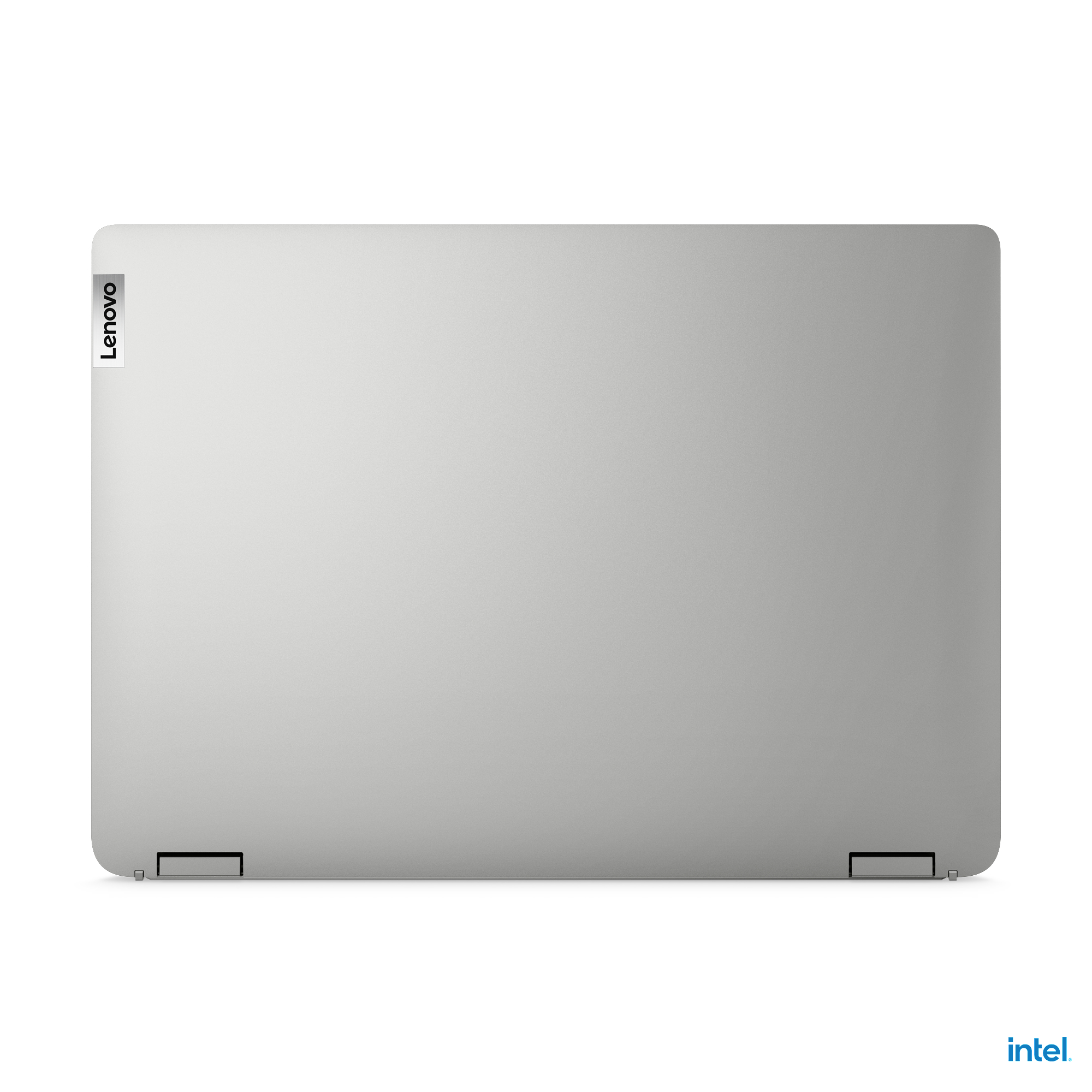 Geschlossener silberner Lenovo-Laptop, Lenovo-Logo oben links, Intel-Logo unten.