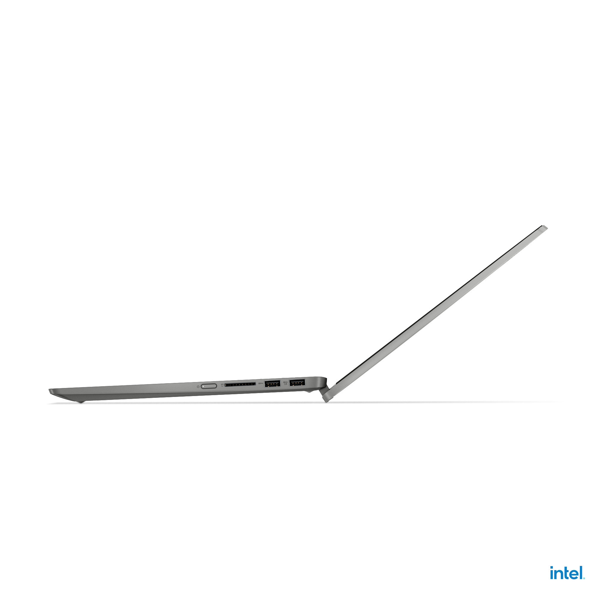 Ein grauer Laptop, Seitenansicht, mit geöffnetem Bildschirm in einem Winkel. Der Laptop befindet sich auf weißem Hintergrund.