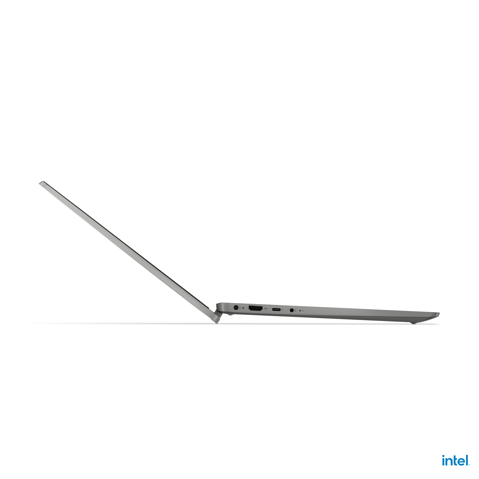 Silberner Laptop, leicht geöffnet. Intel-Logo ist sichtbar. Das Seitenprofil des Laptops wird gezeigt.