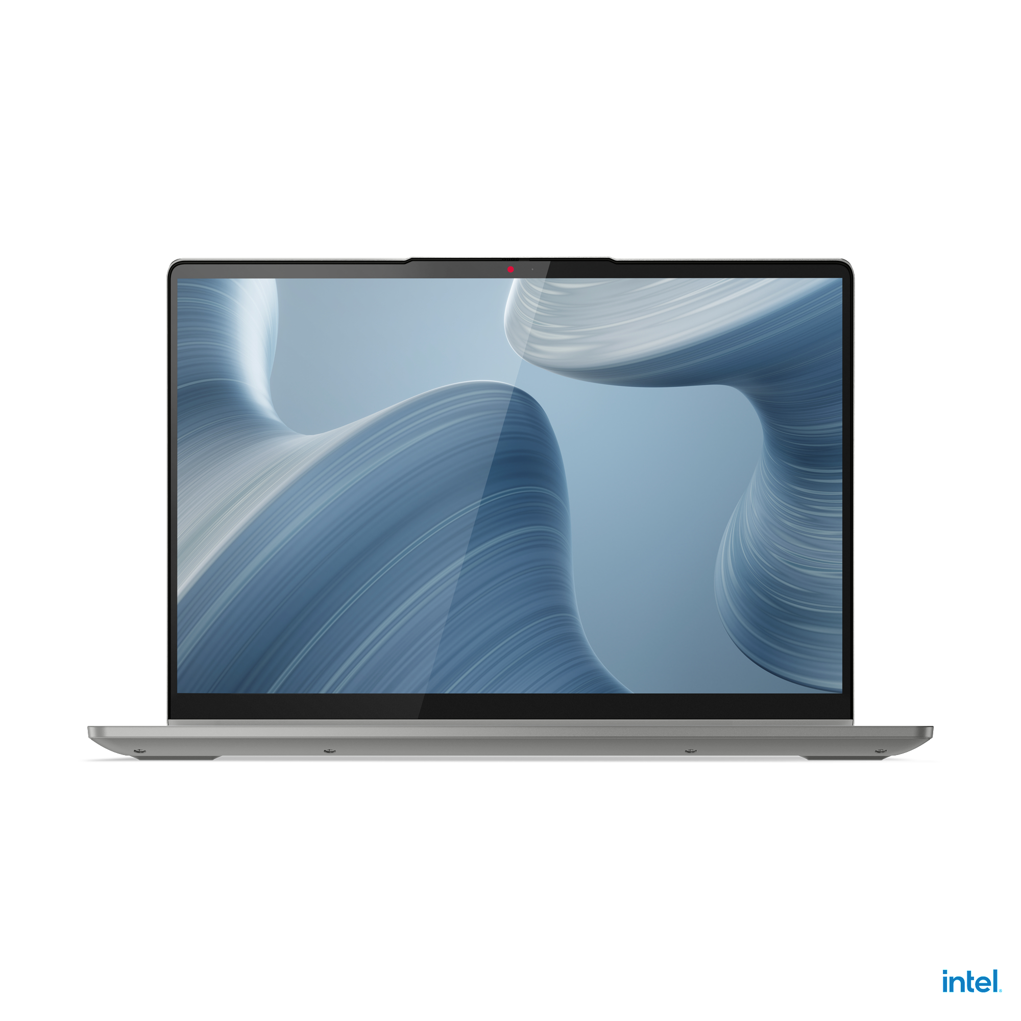 Vorderansicht eines Laptops mit einem Display eines blau-weißen abstrakten Designs auf weißem Hintergrund.