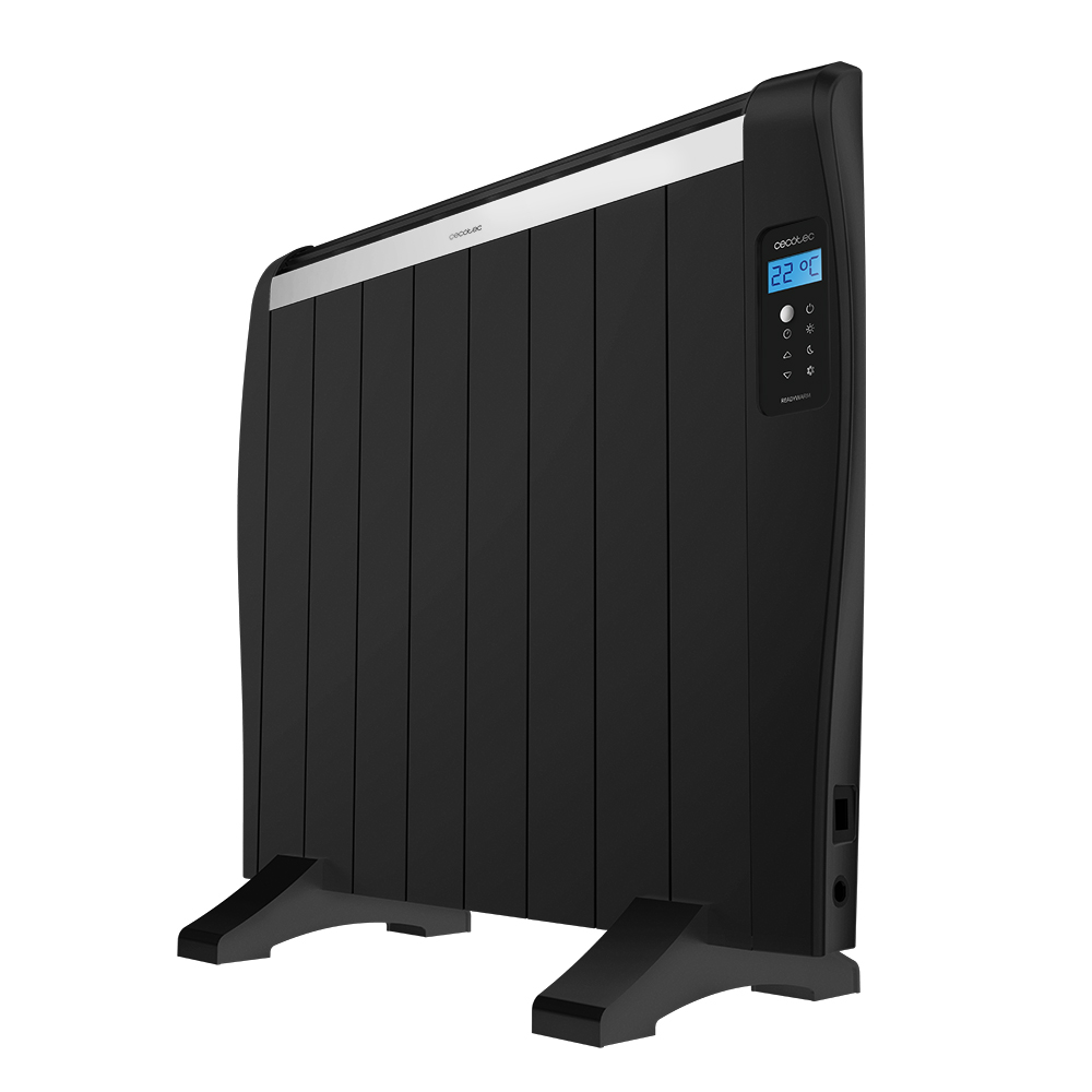 Calentador eléctrico negro con pantalla digital que muestra 22 grados. Tiene barras verticales y se apoya en pies negros.