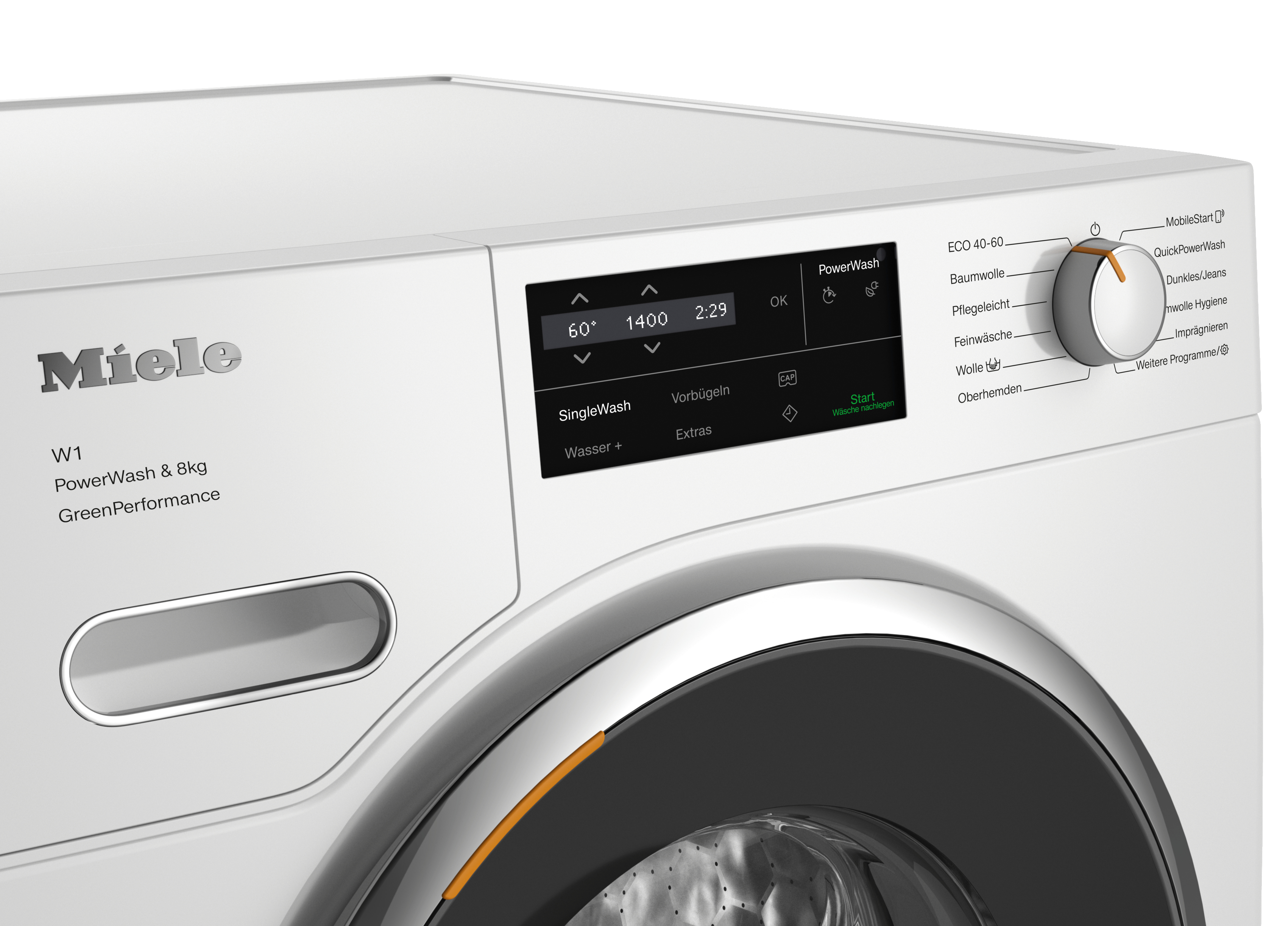 Nahaufnahme einer weißen Miele-Waschmaschine mit Digitalanzeige und Bedienrad.