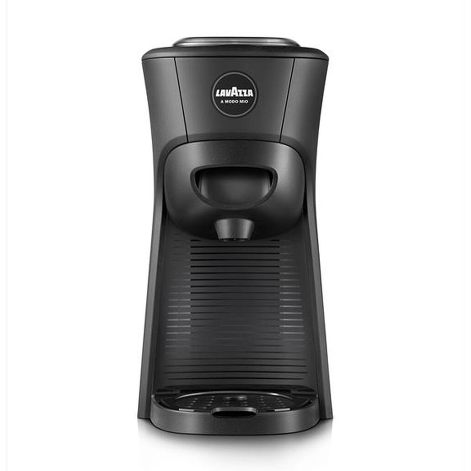 Una macchina da caffè Lavazza nera con un porta capsule e una base nera.