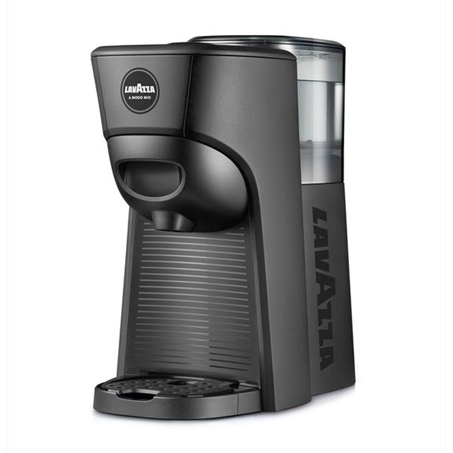 Una macchina da caffè Lavazza nera su sfondo bianco.
