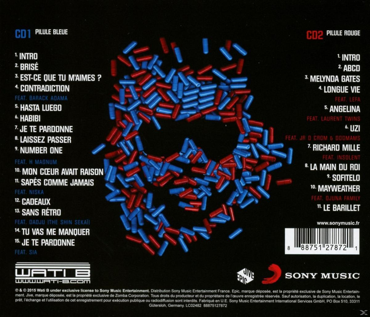 CD piros és kék tablettákkal, és szöveg a dalcímekkel és előadókkal.