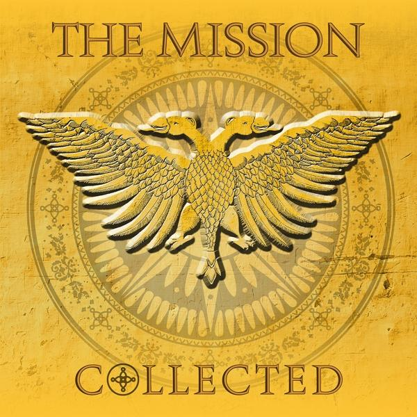 A The Mission: Collected album borítója. Egy arany, kétfejű sast ábrázoló embléma sárga háttéren.