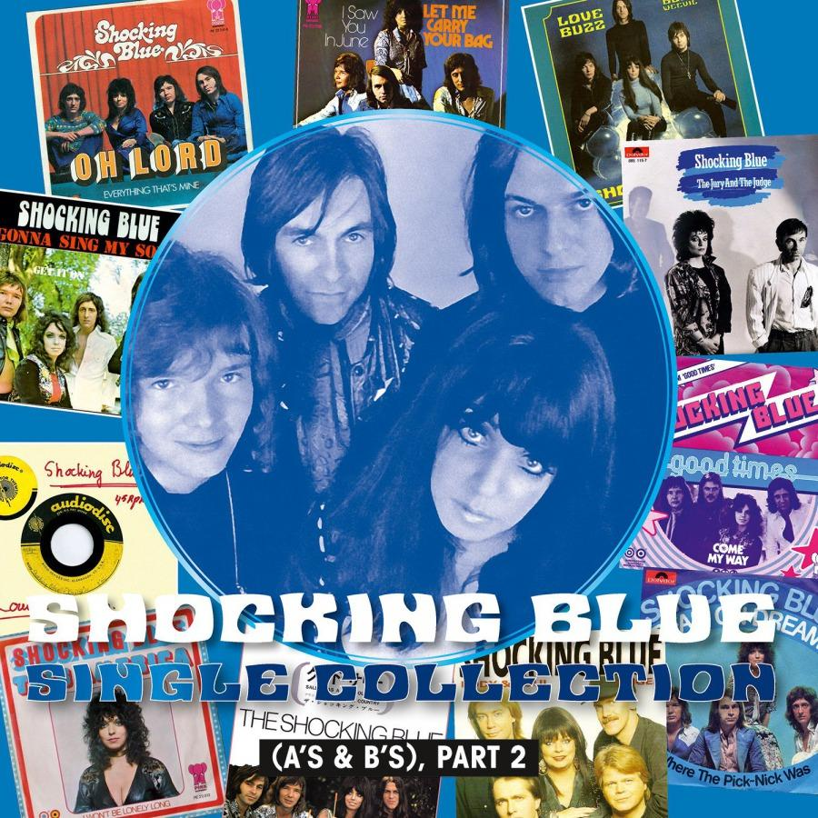 Shocking Blue albumborítók kollázsa. Kék és fehér színvilág, a zenekar tagjai láthatók.