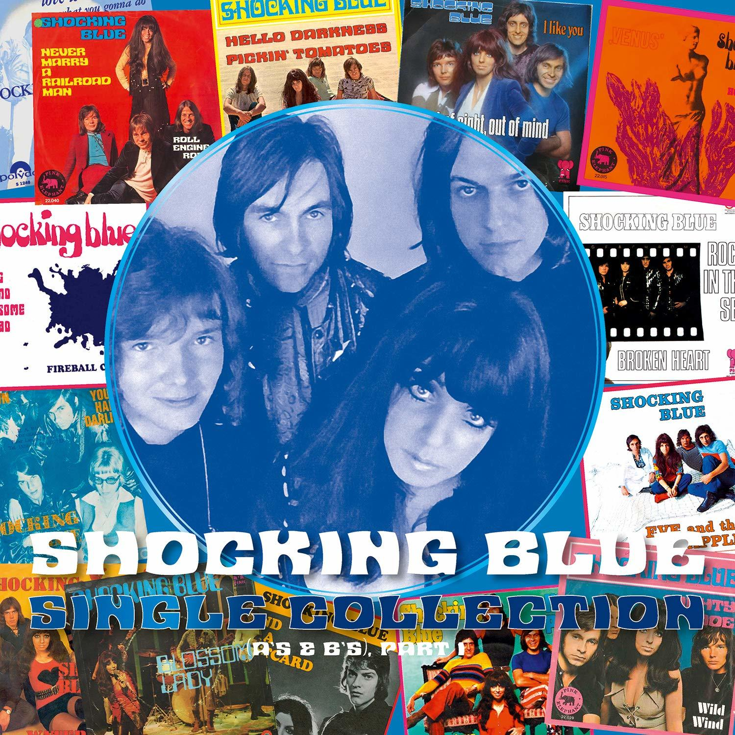 A Shocking Blue album borító kollázsa. A zenekar tagjait és a különböző kislemezek borítóit tartalmazza. A kék és narancs tónusok dominálnak.