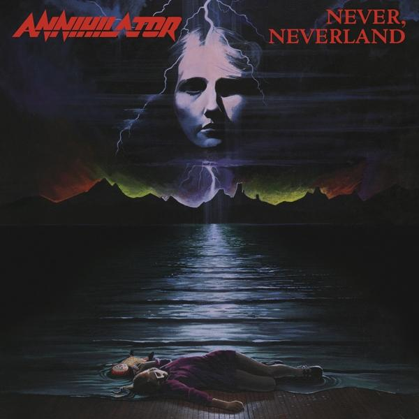 Az Annihilator 'Never, Neverland' című albumának borítója egy nőt mutat vízben, sötét, viharos éggel.