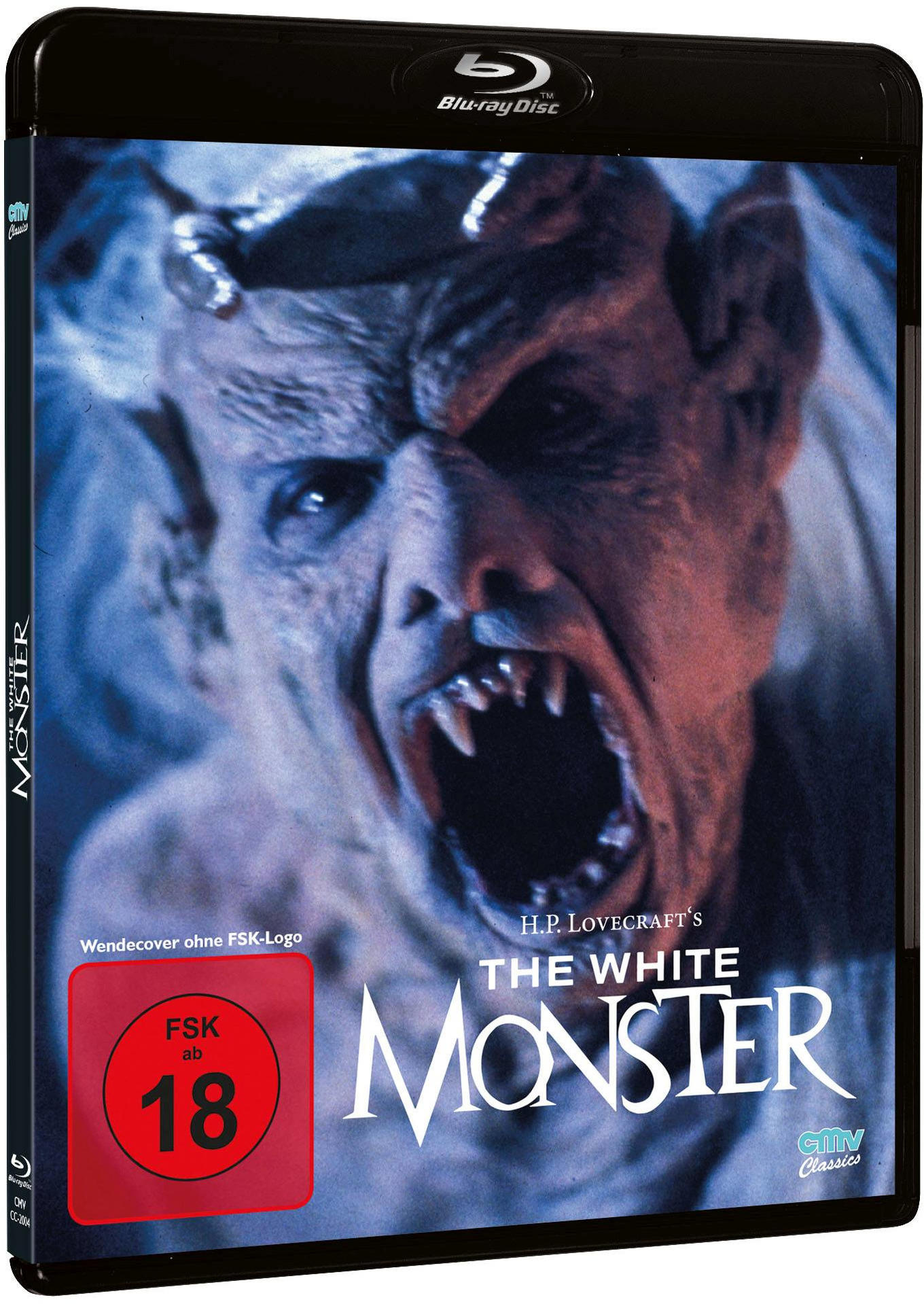 Blu-ray-Disc-Cover für 'The White Monster'. Ein Monster mit scharfen Zähnen ist sichtbar.