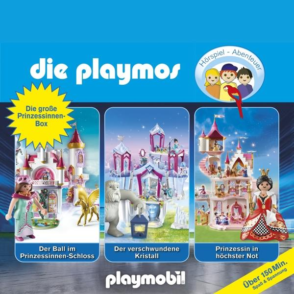 Playmobil Prinzessinnen-Box. Drei Illustrationen von Playmobil-Sets mit Prinzessinnen und Schlössern. Der Titel steht oben.