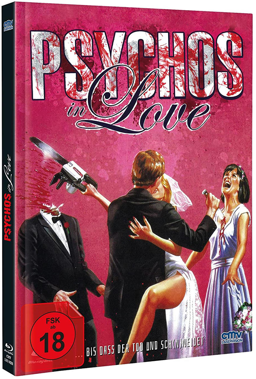 Filmcover mit einem Mann mit einer Kettensäge, der Menschen tötet. Titel: Psychos in Love. Bewertung: FSK 18.