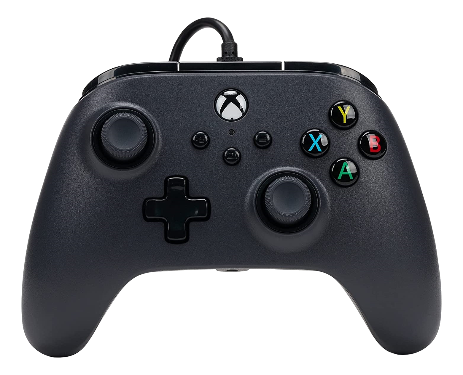 Une manette Xbox noire avec la disposition des boutons standard et un câble connecté.