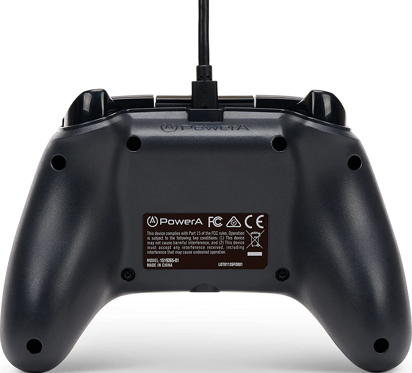 Vue arrière d'une manette de jeu PowA noire avec câble.