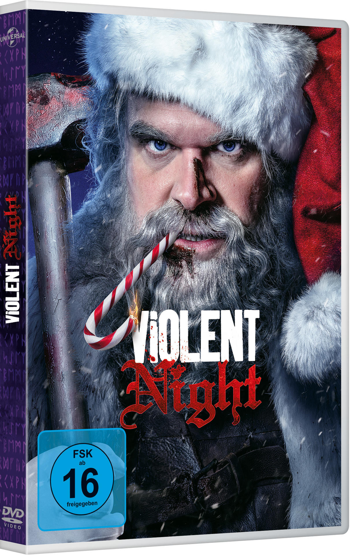 DVD-Cover von 'Violent Night' mit Weihnachtsmann und Zuckerstange.