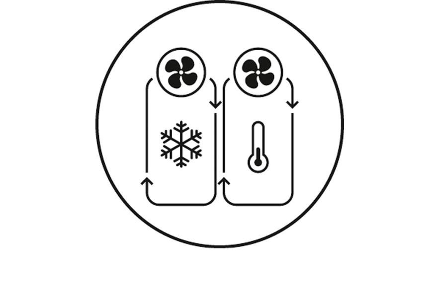 Diagramm, das den Kreislauf einer Klimaanlage zeigt, mit Schneeflocken- und Thermometer-Symbolen.