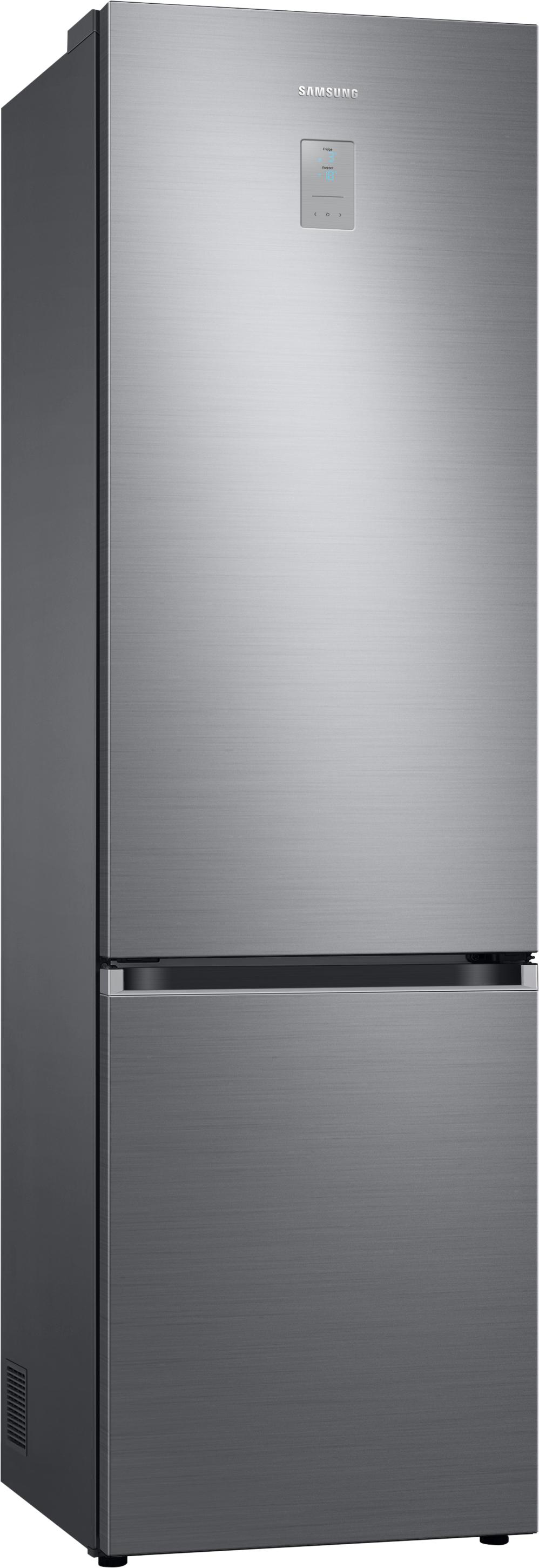 Edelstahl-Samsung-Kühlschrank, Seitenansicht, auf weißem Hintergrund.
