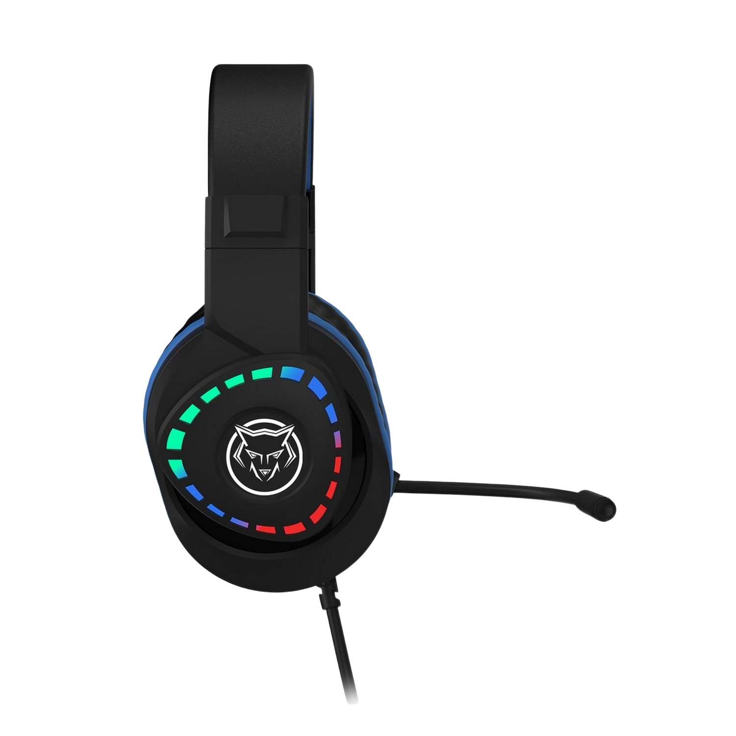 Zwarte en blauwe gaming-headset met lichten en een microfoon.