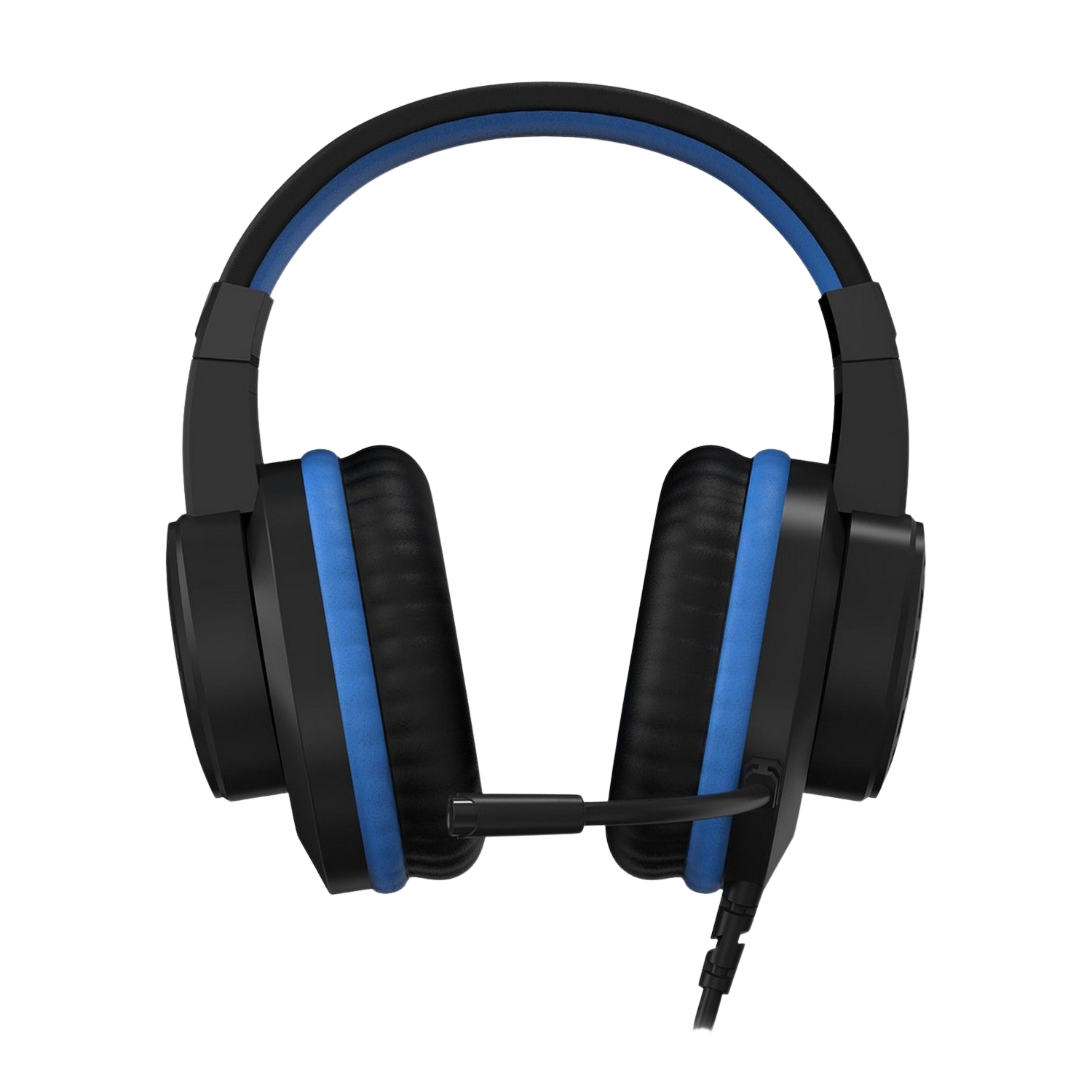 Zwart-blauwe headset met een microfoon. De headset staat op een effen achtergrond.