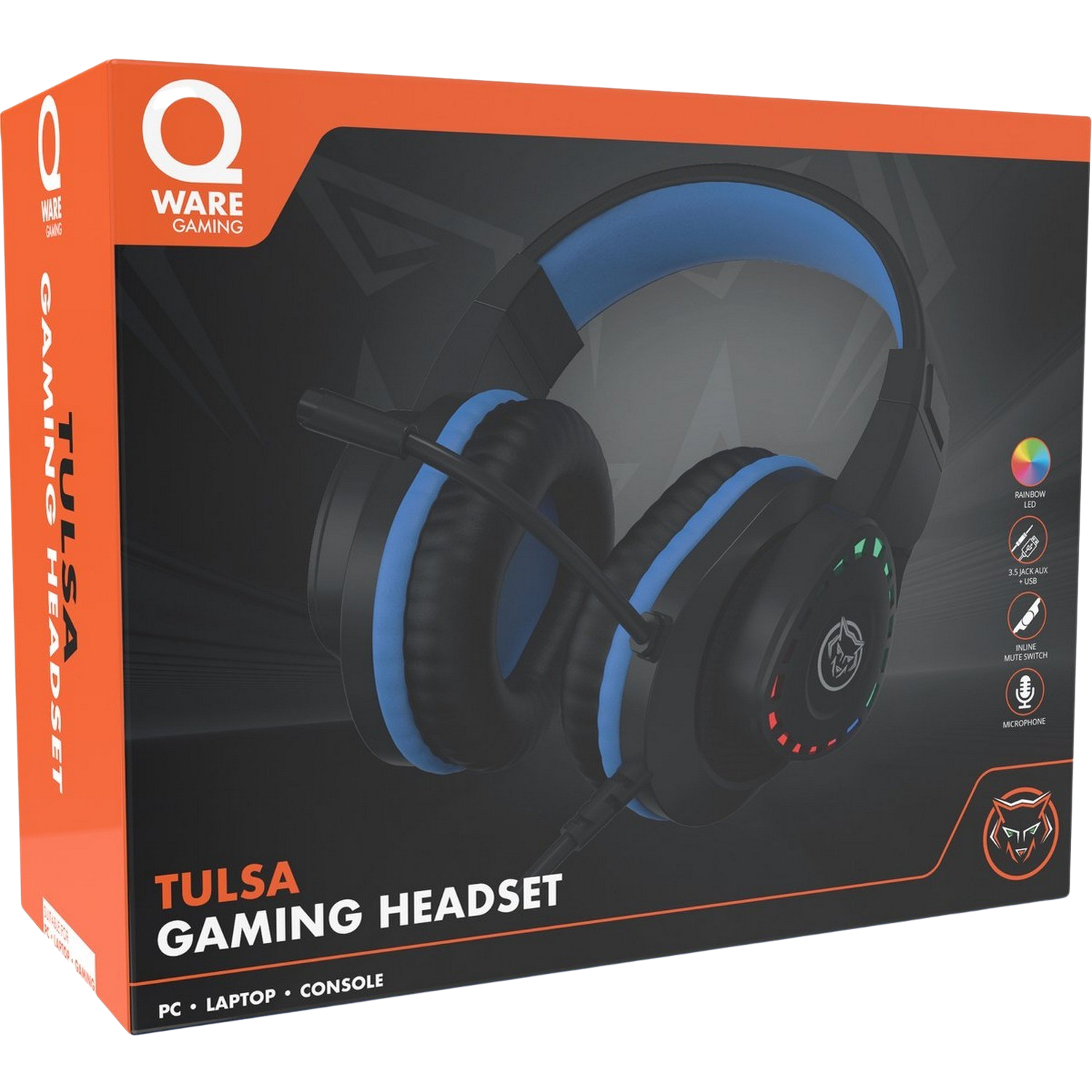 Gaming headset doos. Toont de headset, blauwe accenten en tekst: 'TULSA GAMING HEADSET' en 'PC, LAPTOP, CONSOLE'.