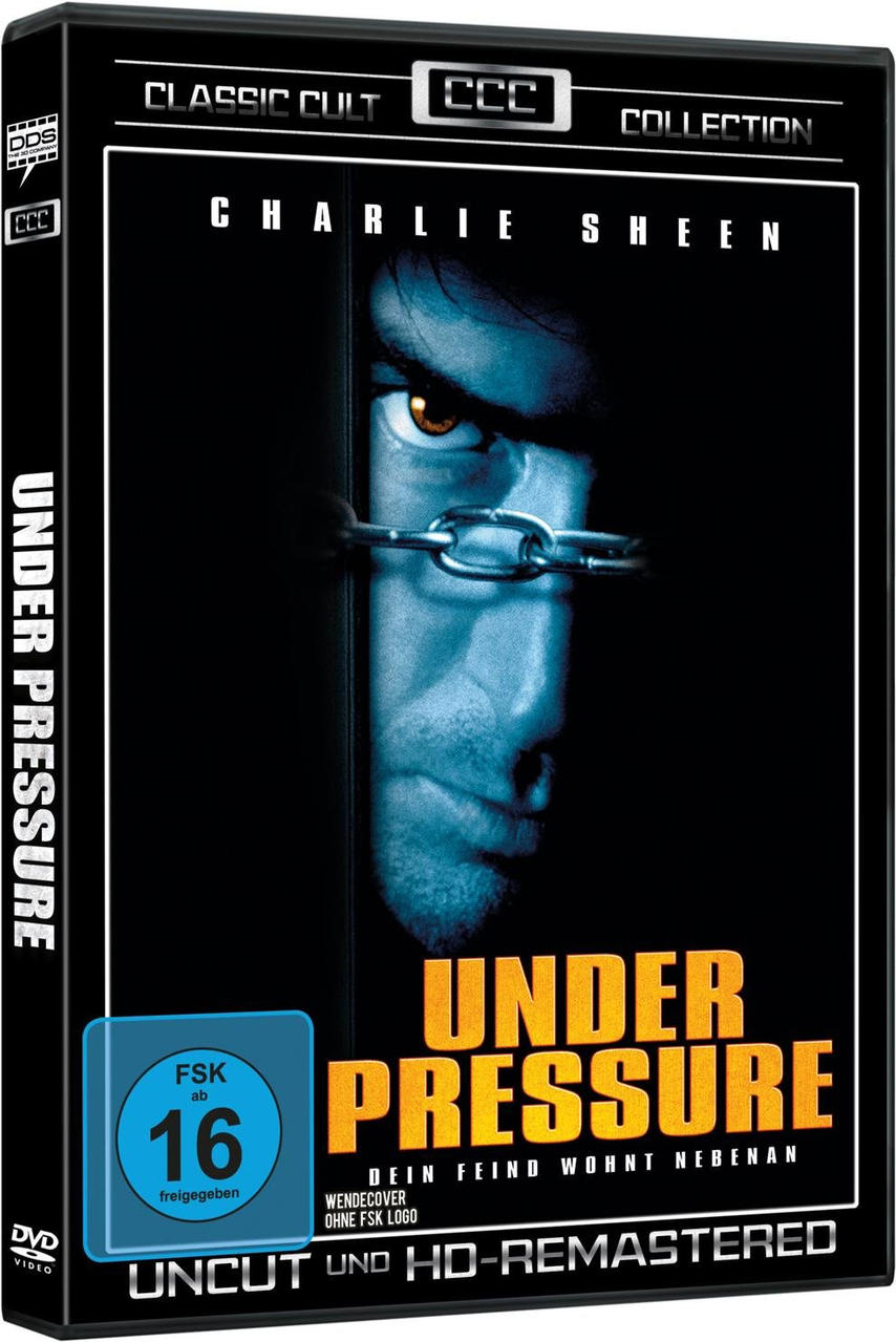DVD-Hülle, Charlie Sheen in 'Under Pressure', dunkelblauer Hintergrund, FSK 16 Logo.