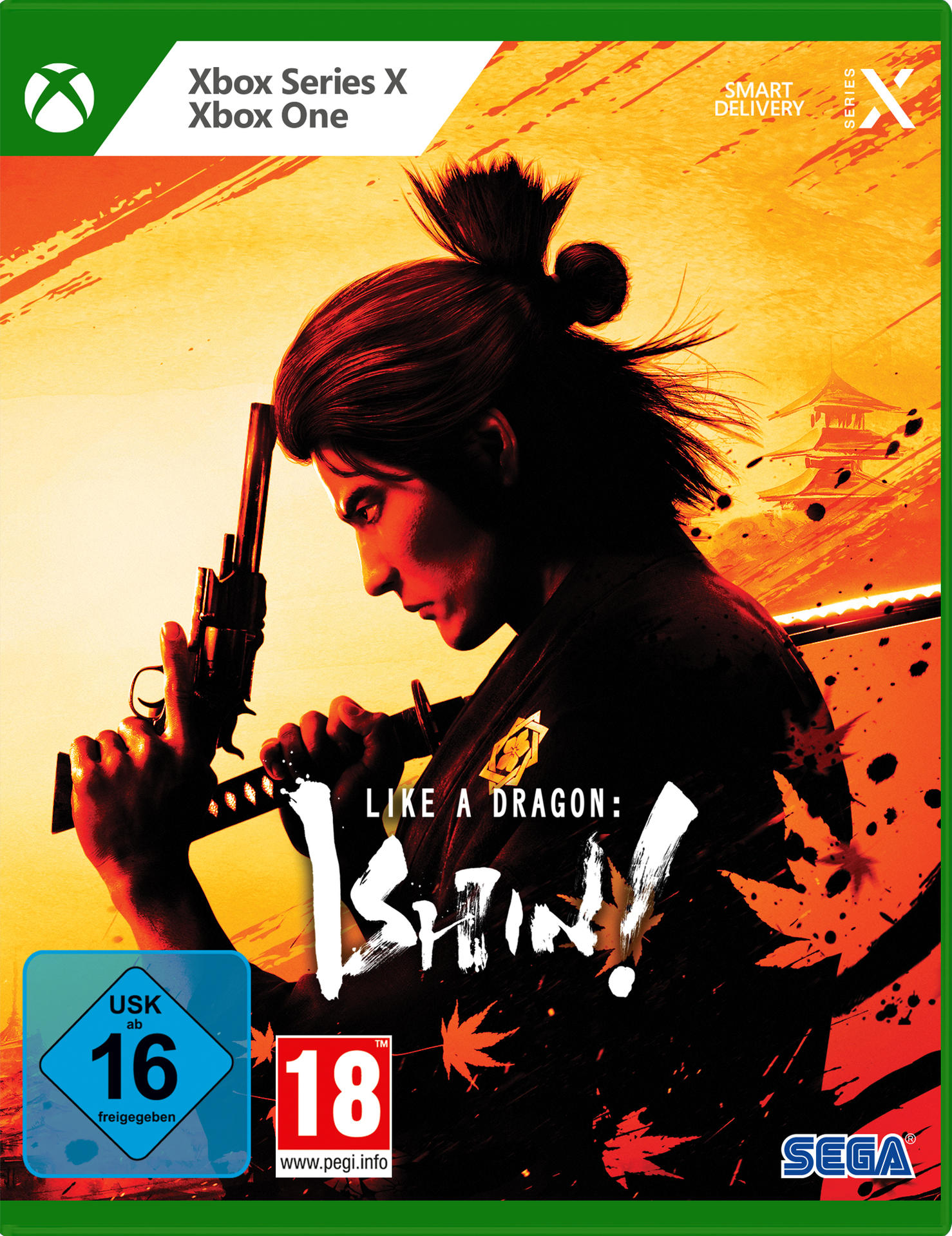 Xbox Series X Spielhülle, 'Like a Dragon: Ishin!', ein Mann hält eine Waffe. Rote, gelbe und schwarze Farben.