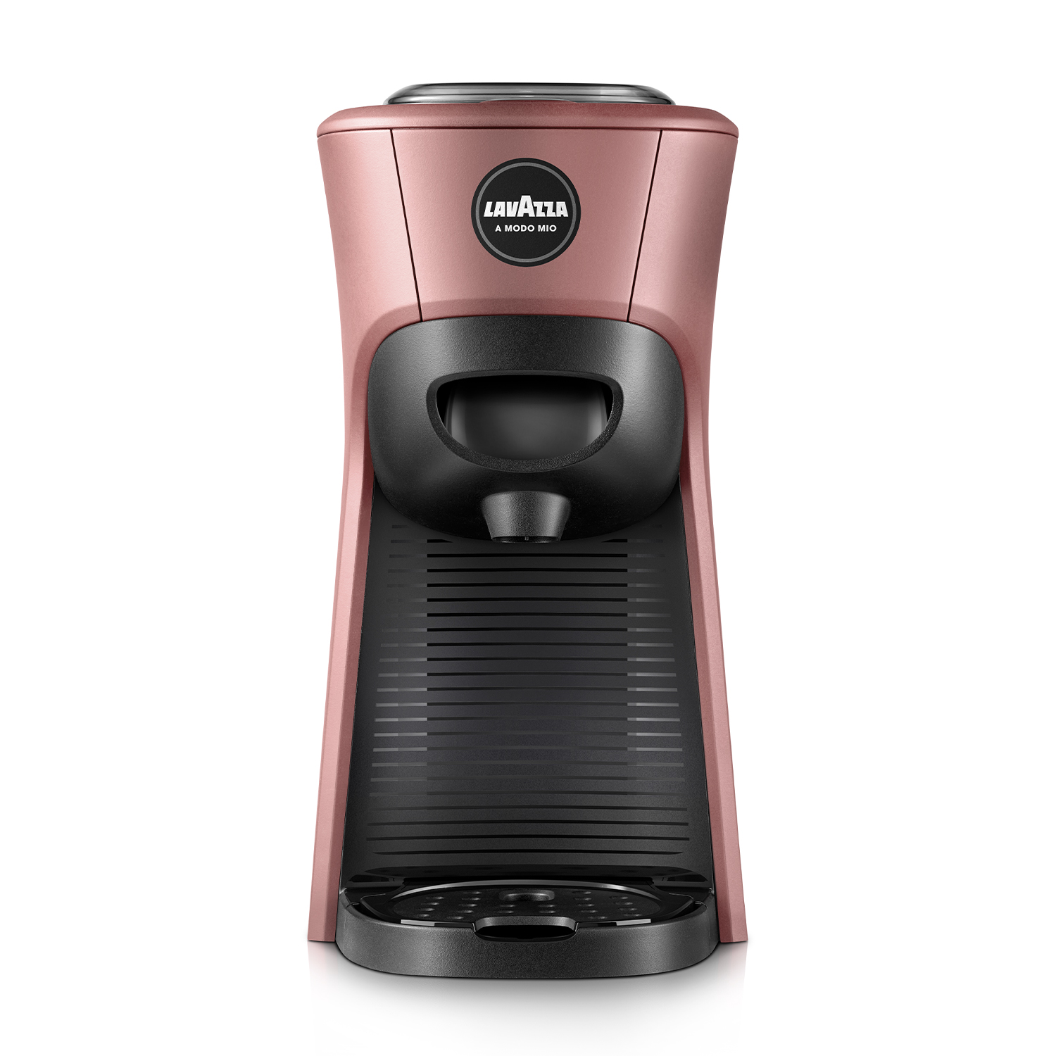 Macchina da caffè Lavazza rosa e nera. Il logo Lavazza è in evidenza.