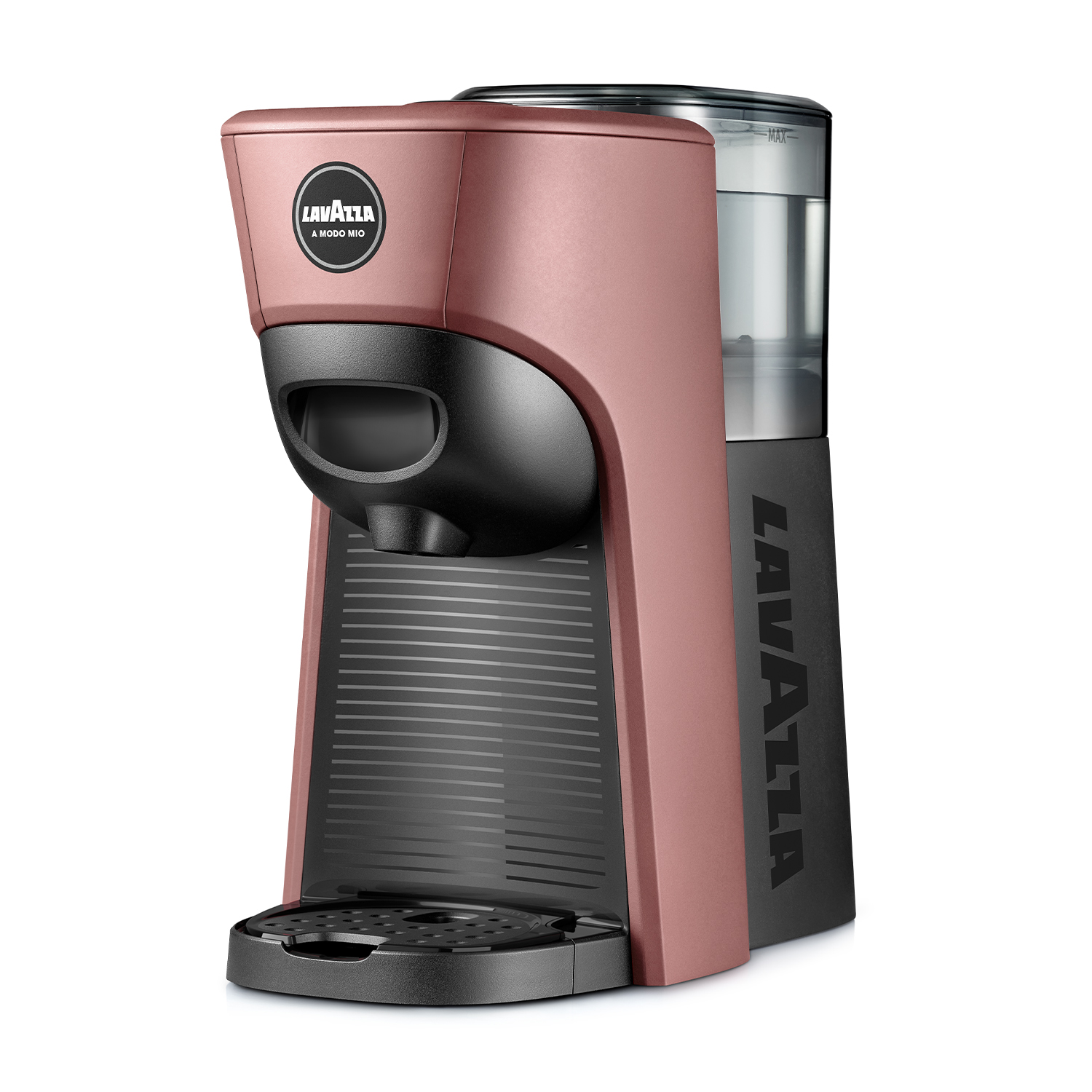 Una macchina da caffè Lavazza color oro rosa, con base nera e serbatoio dell'acqua trasparente a destra.