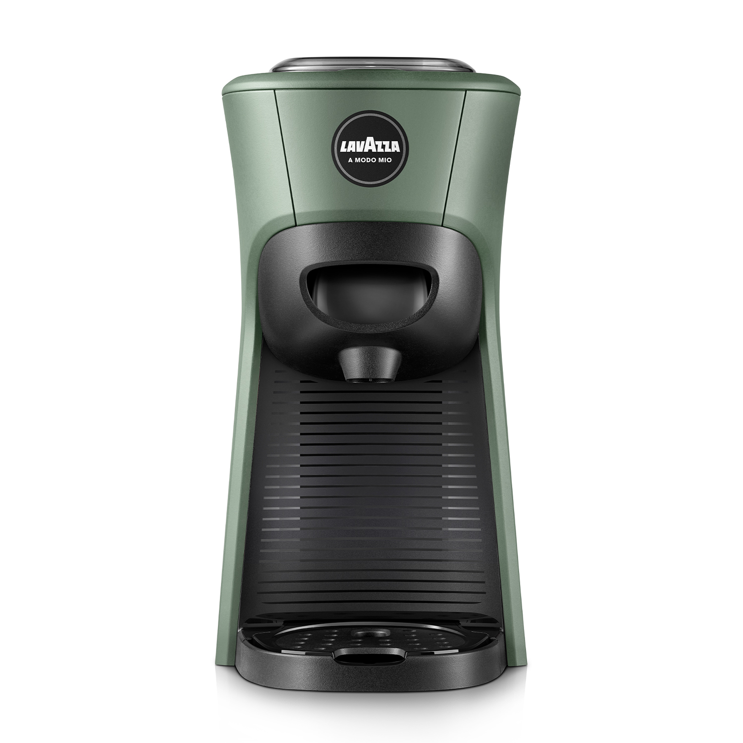 Macchina da caffè Lavazza A Modo Mio verde, con pannello frontale nero e vassoio raccogli gocce.