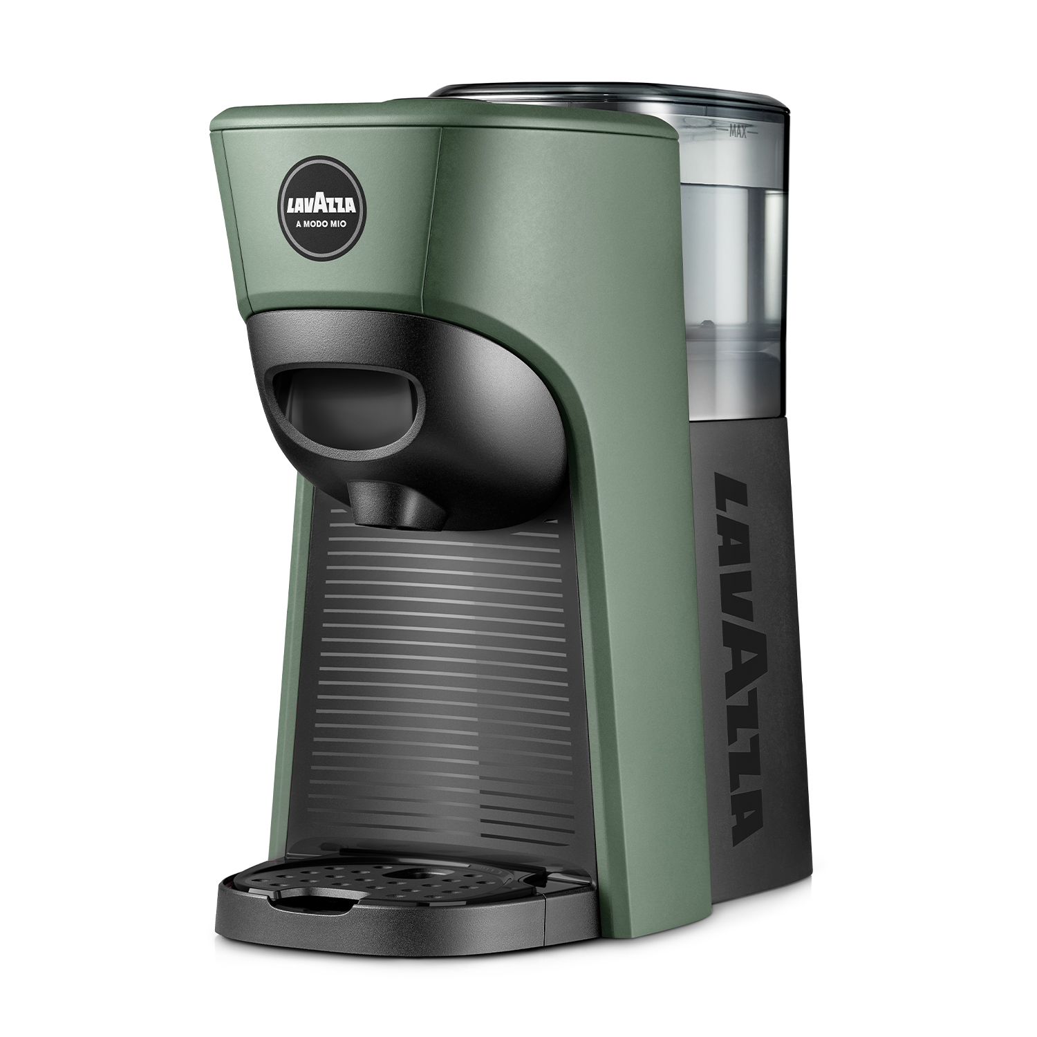 Macchina da caffè Lavazza verde e nera. Vista frontale con beccuccio nero e serbatoio dell'acqua.