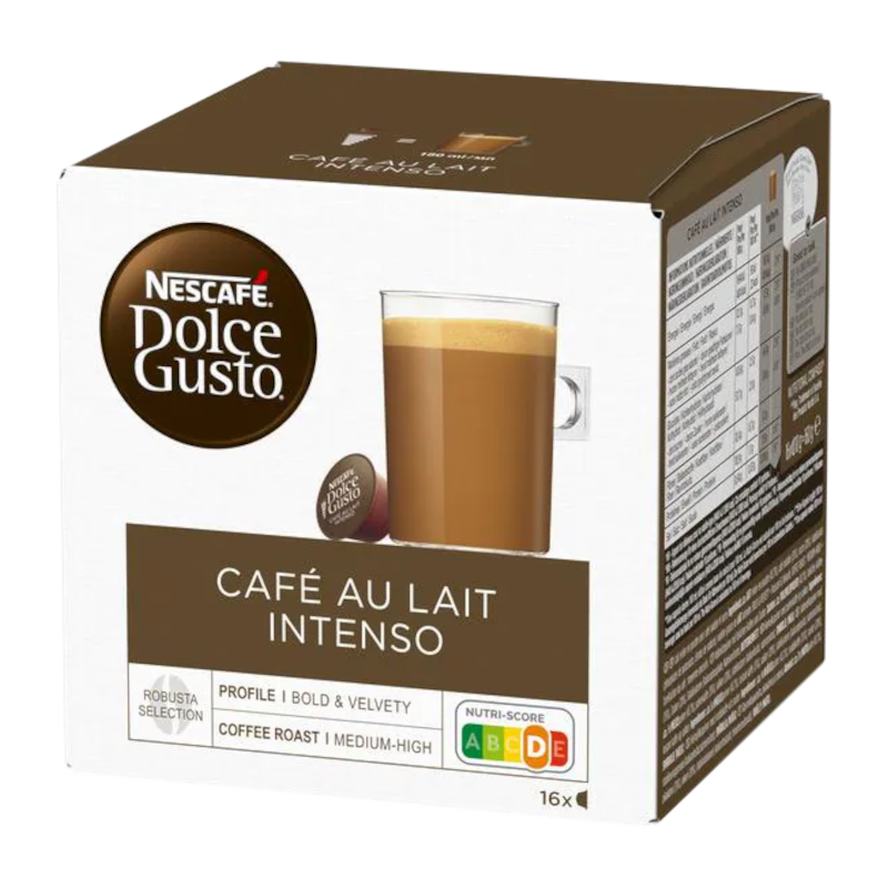 Scatola di capsule di caffè Nescafe Dolce Gusto, marrone e bianco. Una tazza di caffè è mostrata sulla scatola.