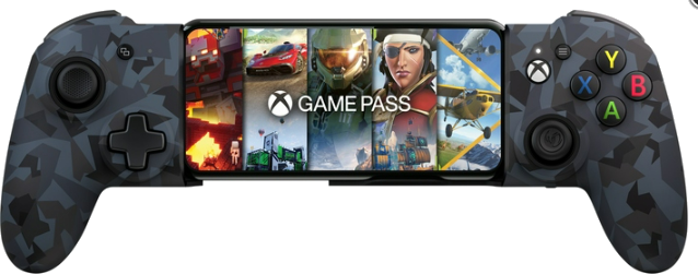 Ein mobiles Gaming-Controller mit einem Telefon im Inneren, das Spiel-Cover für Xbox Game Pass anzeigt.