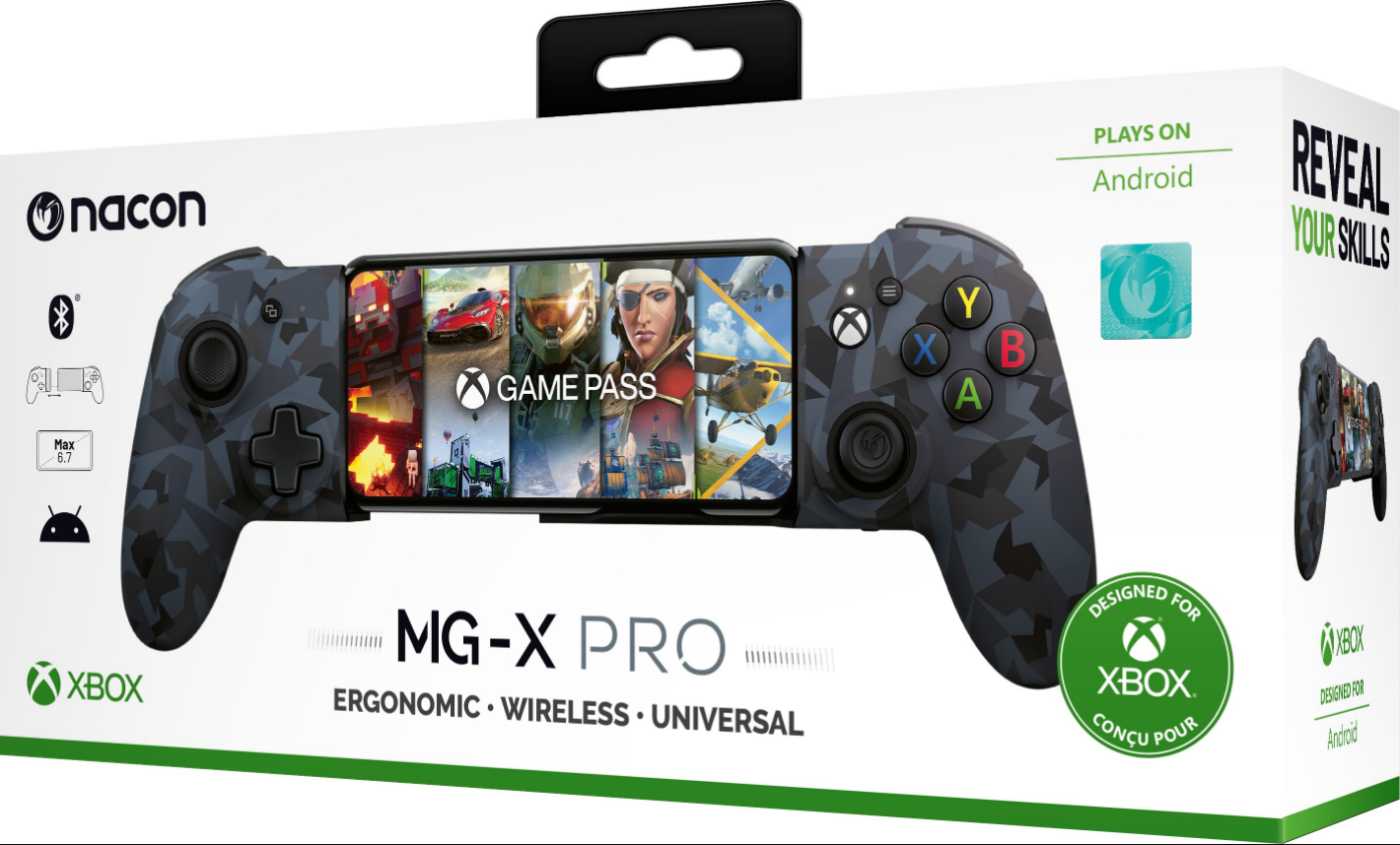 Gamecontroller mit befestigtem Telefon in einer Box. Text: MG-X PRO, Xbox Game Pass.