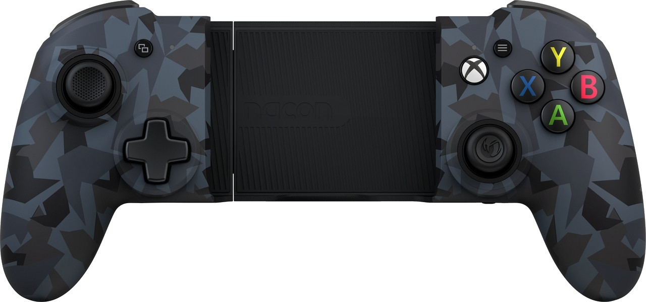 Tarnmuster-Gamepad für die Xbox-Konsole, mit Tasten und einem zentralen Griffbereich.