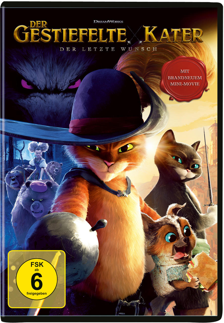 DVD-Cover des Animationsfilms. Ein Kater mit Stiefeln, andere Charaktere und Text.