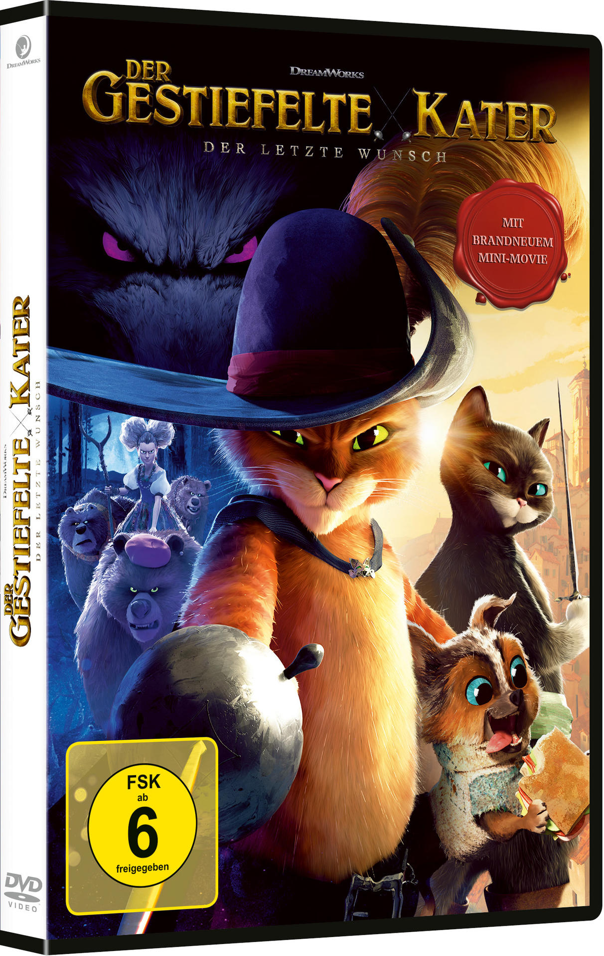 DVD-Cover, Puss in Boots-Charaktere, Katze mit Hut, Hund, Wolf, Bär, Filmtitel.