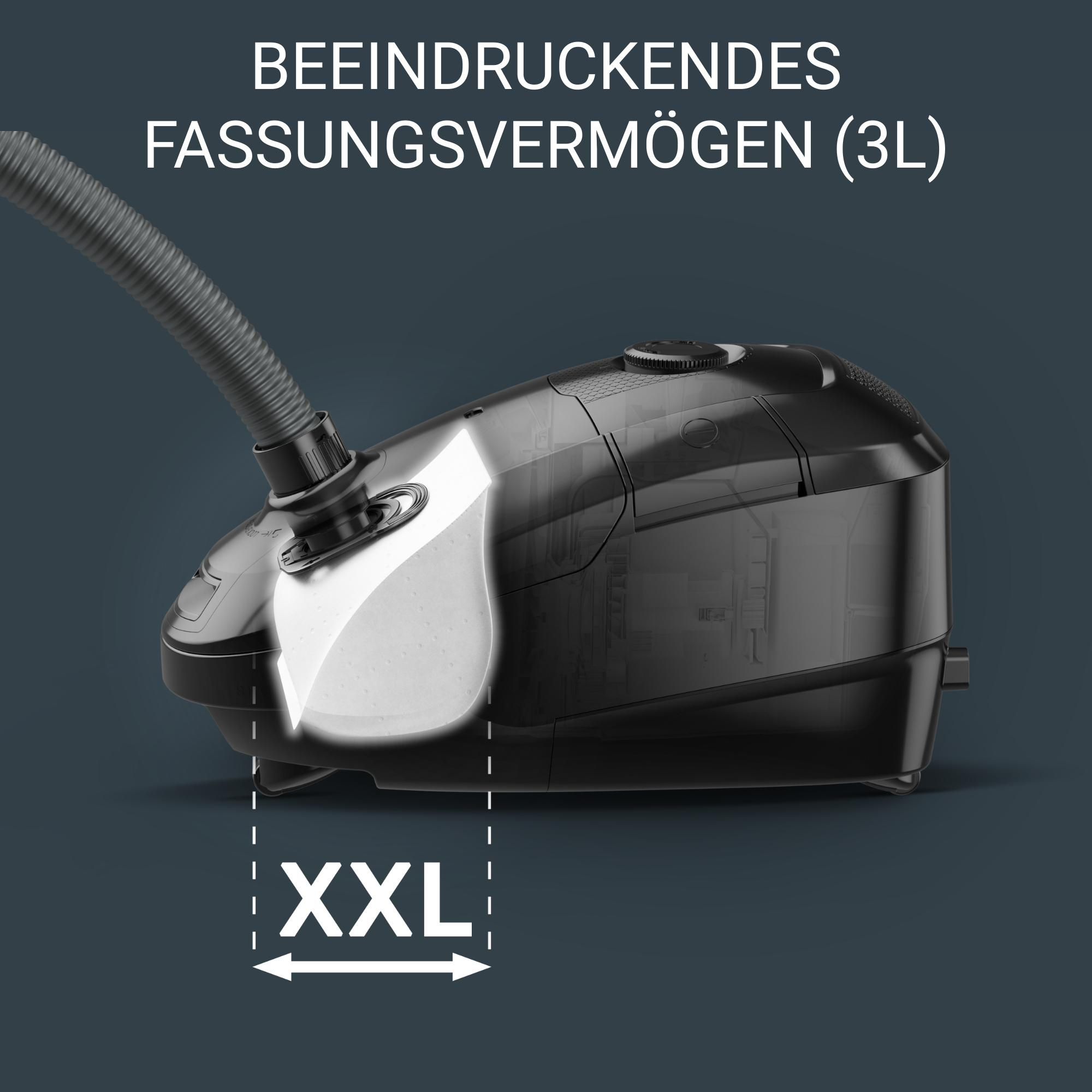 Schwarzer Staubsauger mit Text, weißem Highlight und dunklem Hintergrund.