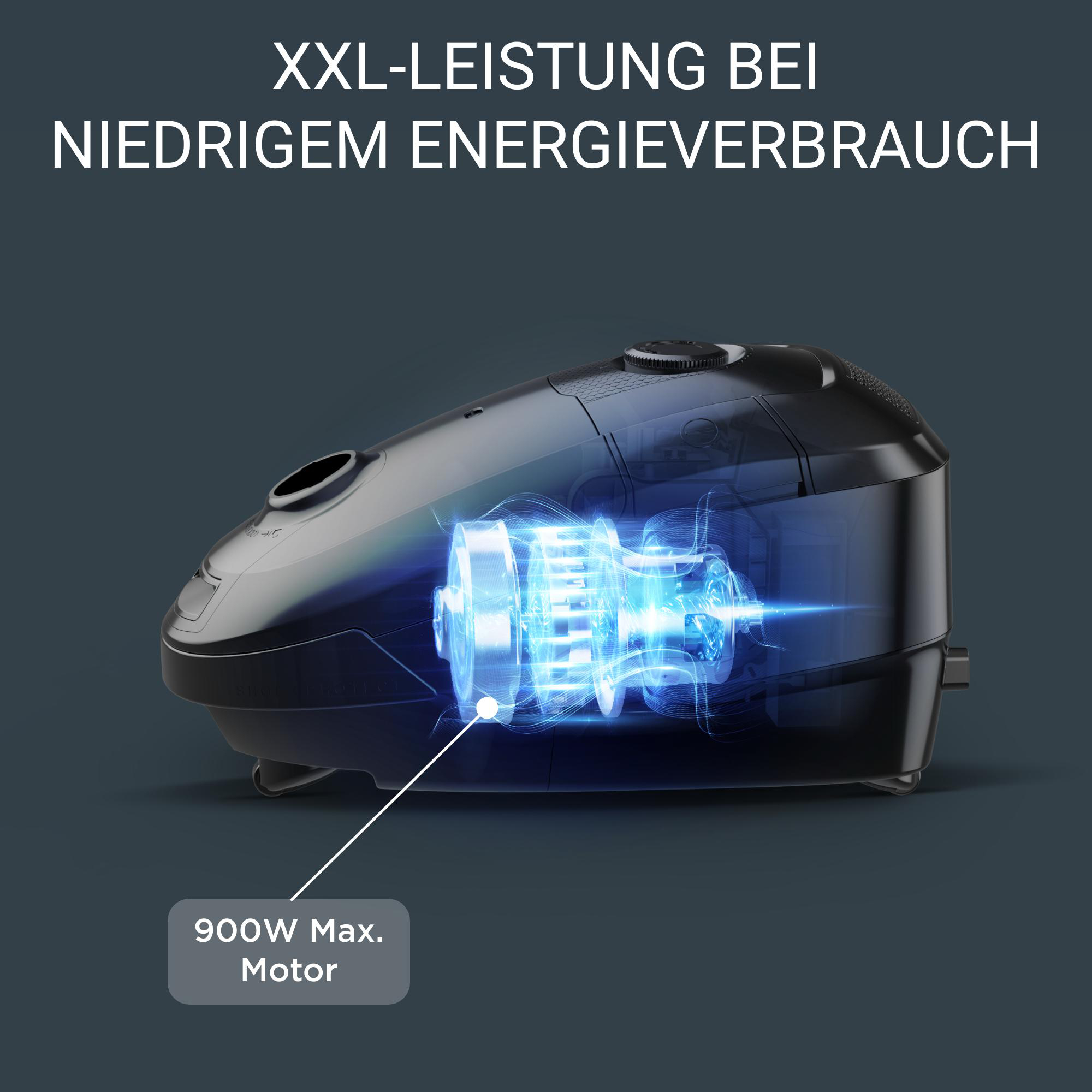 Ein Staubsauger mit transparentem Abschnitt, der interne Komponenten und Text zeigt.