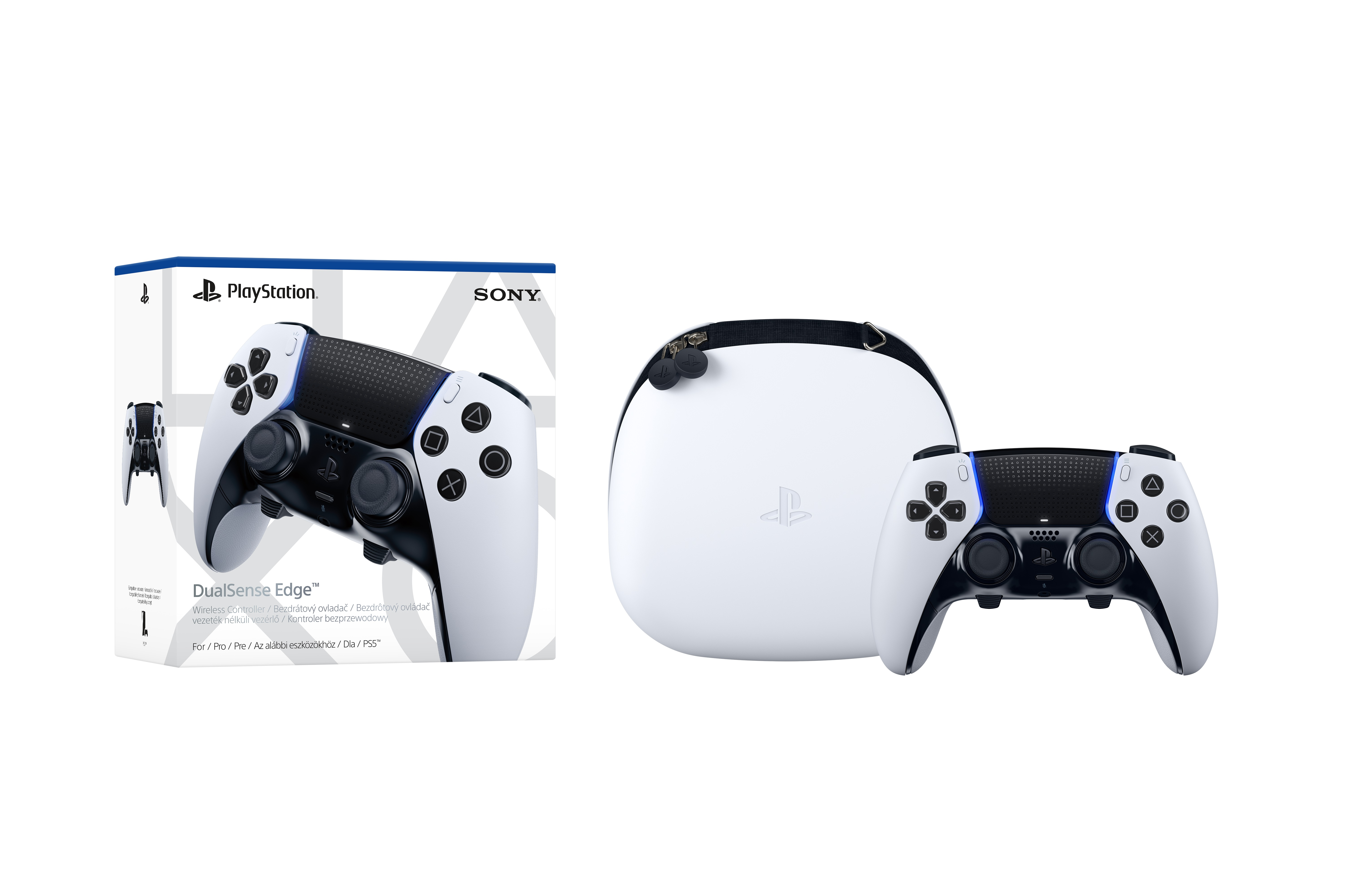 Beyaz bir zemin üzerinde sunulan bir PlayStation DualSense Edge denetleyicisi ve kasası.
