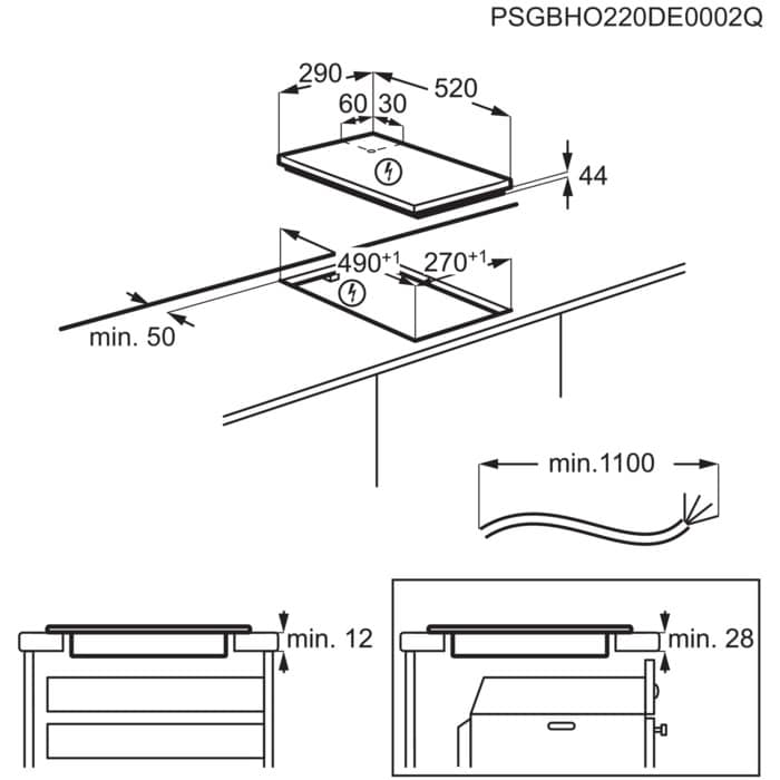 Főzőlap diagramja méretekkel, a beszereléshez szükséges kivágási méretekkel.